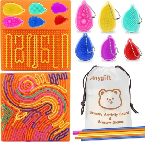 Stones for Calming$ multiply Stress$ Anxiety$ Focus$ADHD & Autism$ Portable with Travel Bag & 24 Strings (Orange) Sensory Activity Board: Double-Sided Silicone Fidget Toys with 6 Sensory Worry 