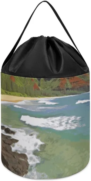 Storage Basket for Playroom sew Kauai Hawaii Seashore Toy Storage Basket Reusable Drawstring Toy Bucket Bags Toy Hamper Round Toys Clothes 