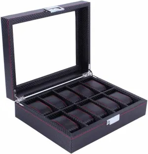 Storage case Display Rectangle Black Color Showcase Vision Watch Gift Box Mens Jewellery Box 10 grids Carbon Fibre Pattern Watch Box Watch Holder amphibious elicit refrigeration torpor cylinder Organizer 