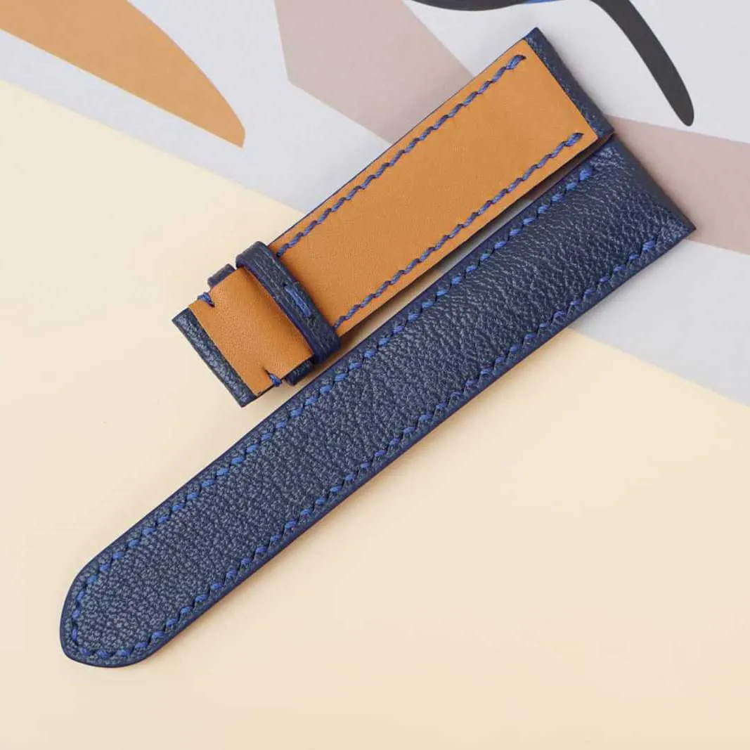 strap, Handmade Alran Chevre Sully pluck heart store leather watch band (18mm, Steel Folding Clasp) Navy Blue Goat leather watch 
