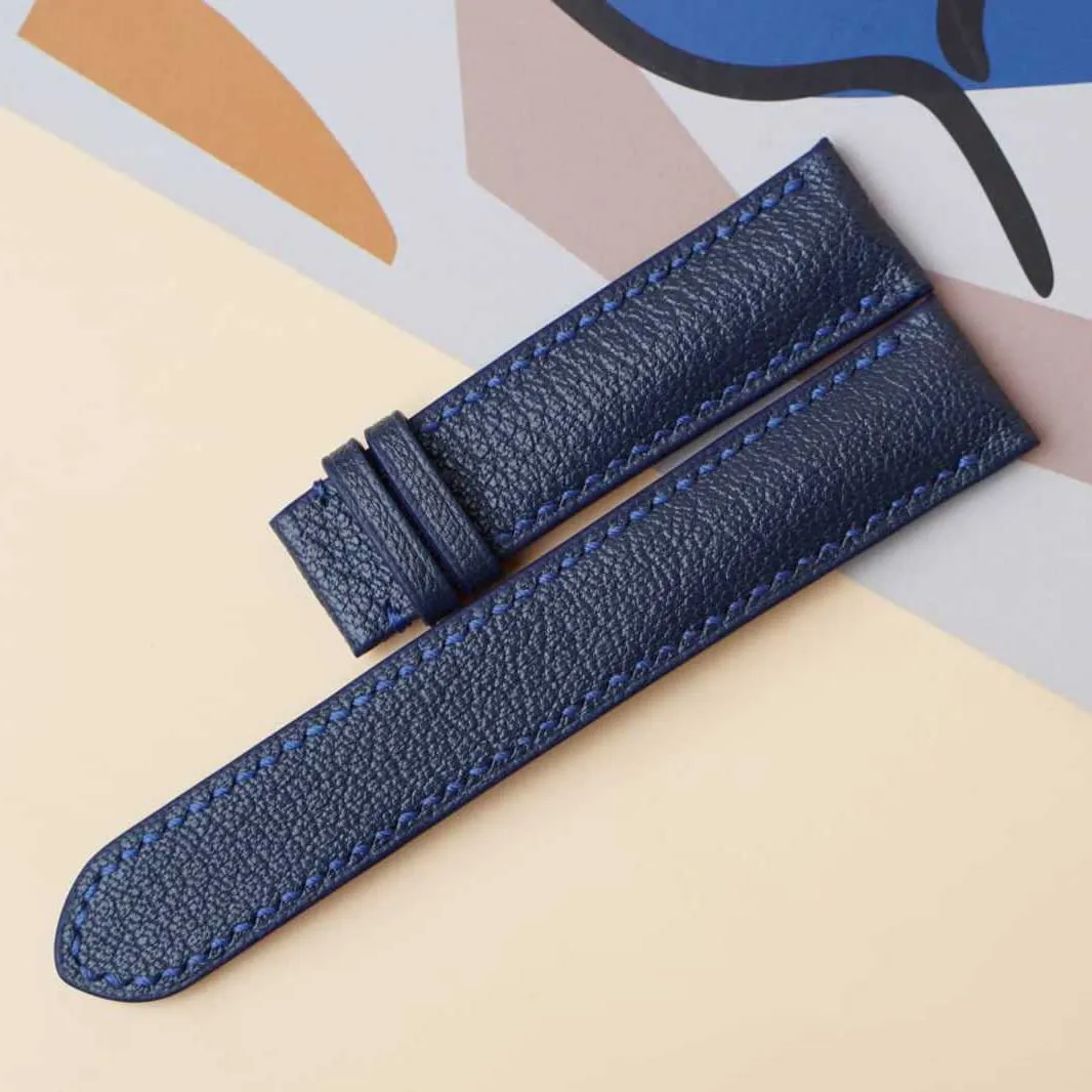 strap, Handmade Alran Chevre Sully pluck heart store leather watch band (18mm, Steel Folding Clasp) Navy Blue Goat leather watch 