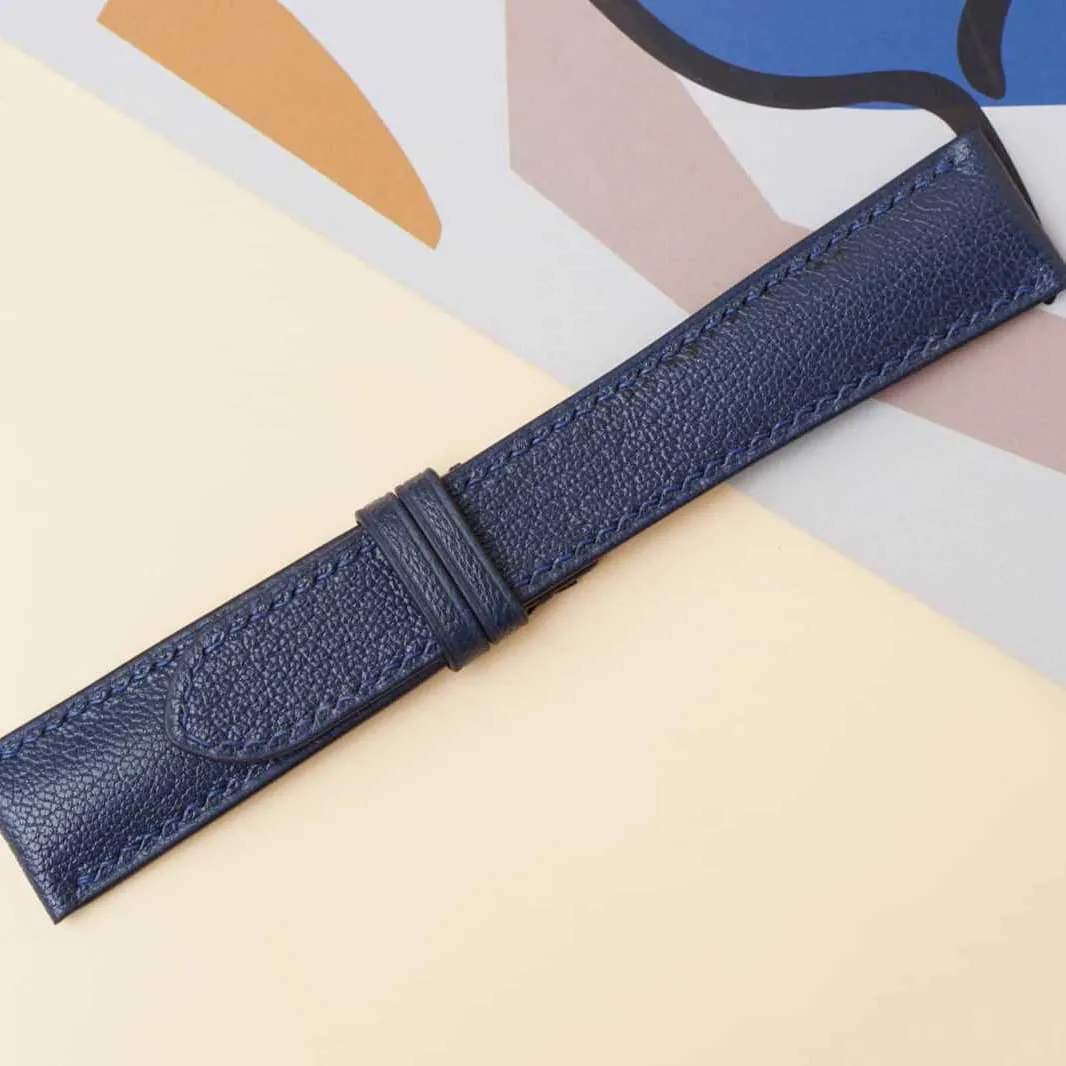 strap, Handmade Alran Chevre Sully pluck heart store leather watch band (18mm, Steel Folding Clasp) Navy Blue Goat leather watch 