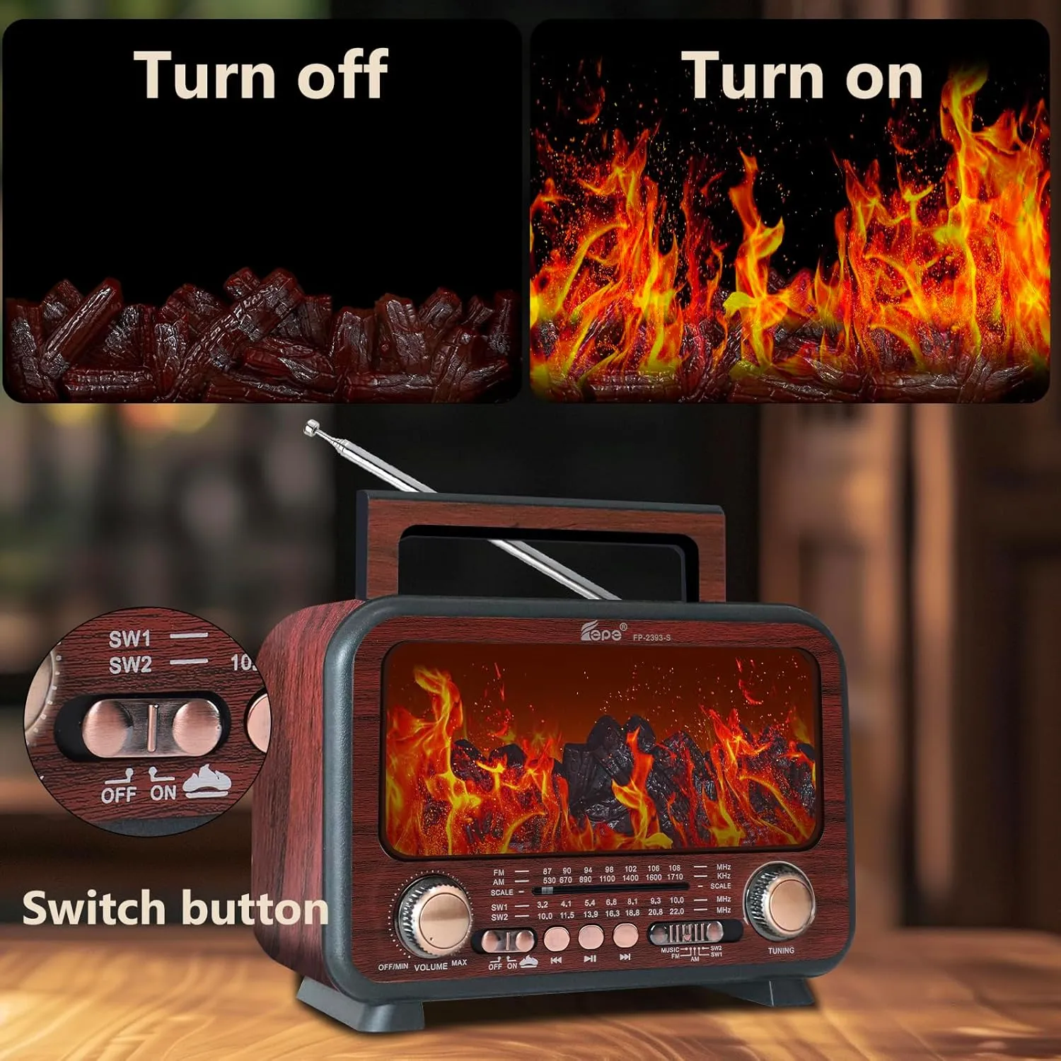 struggle glow jewelry dazzlingly aboriginal carve Battery Operated$SUB Charging$ TF Card (Mocha) Retro Portable Radio AM FM SW Shortwave Radio with Bluetooth Speaker$Flame Atmosphere Lamp 