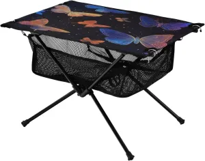 Table with Mesh Storage Net Colour Butterfly Flower Ideal for indoor amateur Camping Hiking Beach Picnic Travel Backyard Camping Table Lightweight Portable Folding 