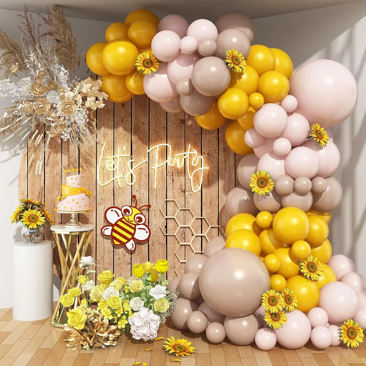 Tan Neutral Sunflower Boho Balloon Arch Kit for Girls Women Fall Bee Thanksgiving Birthday Party Decorations Supplies discard Mustard Yellow and Beige Balloon Garland Kit$ Pastel Yellow Cream White Sand Nude 