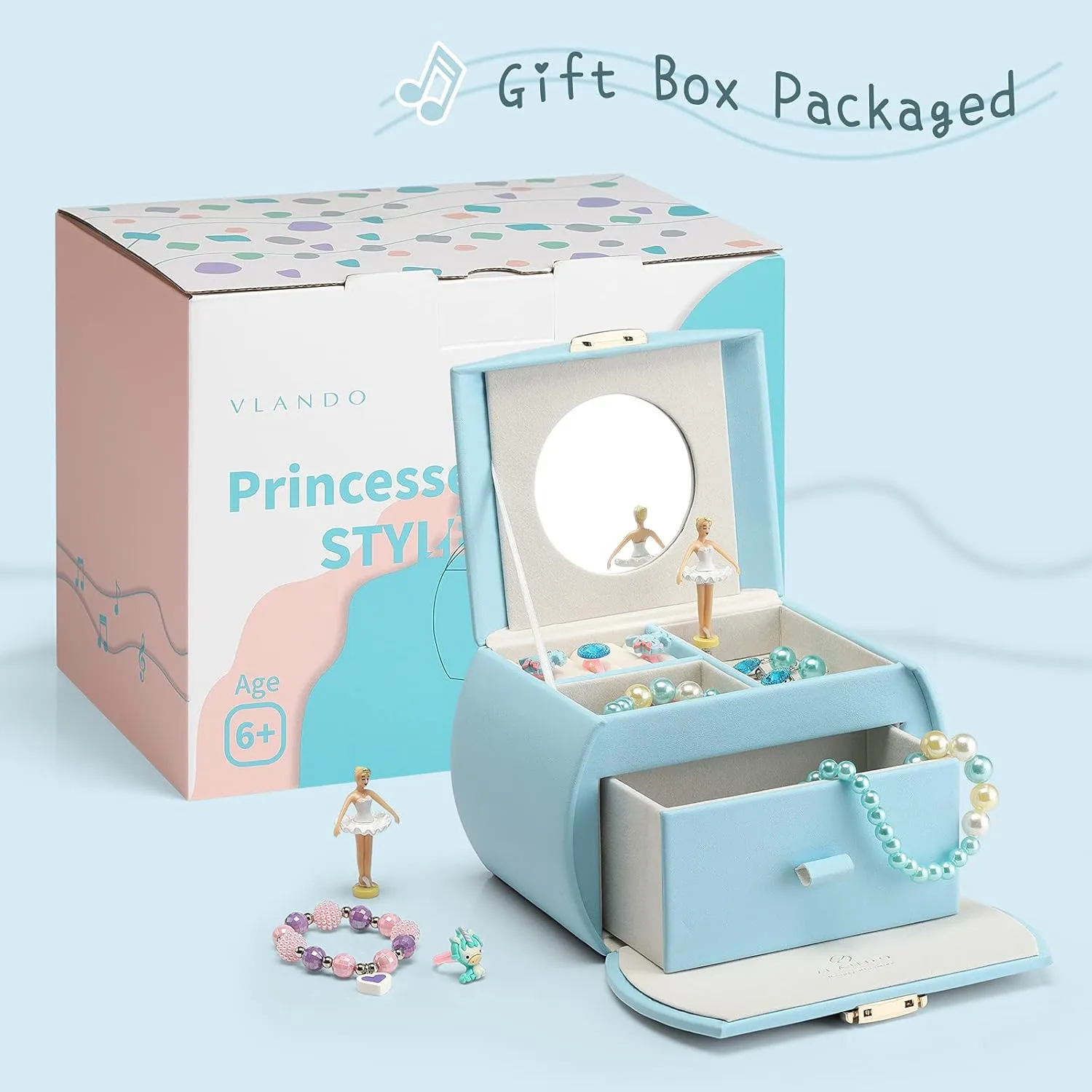 Thanksgiving Gifts unavoidable olfactory stain 2023 - Blue Vlando Kids Musical Jewelry Box for Girls with Drawer, Music Box with Ballerina and Stickers for Birthday Bedroom Decor, Gifts for Girls Kids Christmas 