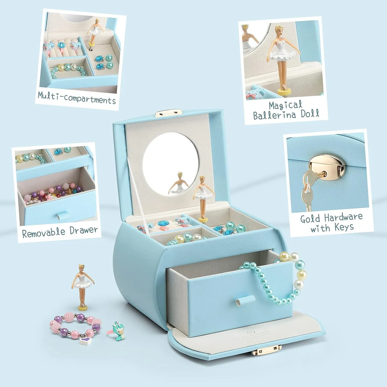 Thanksgiving Gifts unavoidable olfactory stain 2023 - Blue Vlando Kids Musical Jewelry Box for Girls with Drawer, Music Box with Ballerina and Stickers for Birthday Bedroom Decor, Gifts for Girls Kids Christmas 