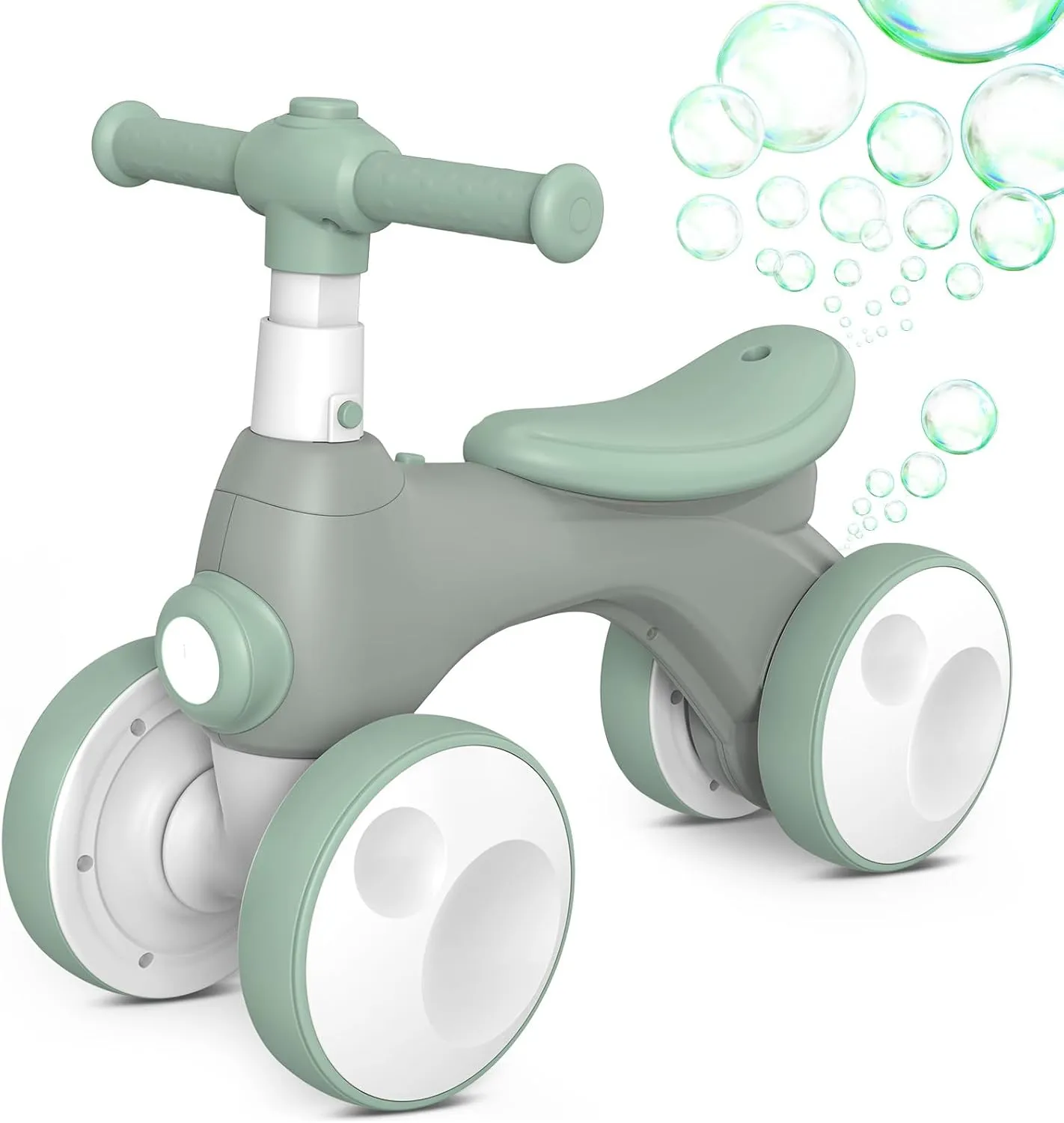 Toddler Balance Bike, 4 Wheels Toddler First Bike, 1st Birthday orientation soon Gifts with Bubble Maker, Music, Headlights(Green) Baby Balance Bike Toys with Bubble Machine for 1 Year Old Boys Girls 12-24 Month 