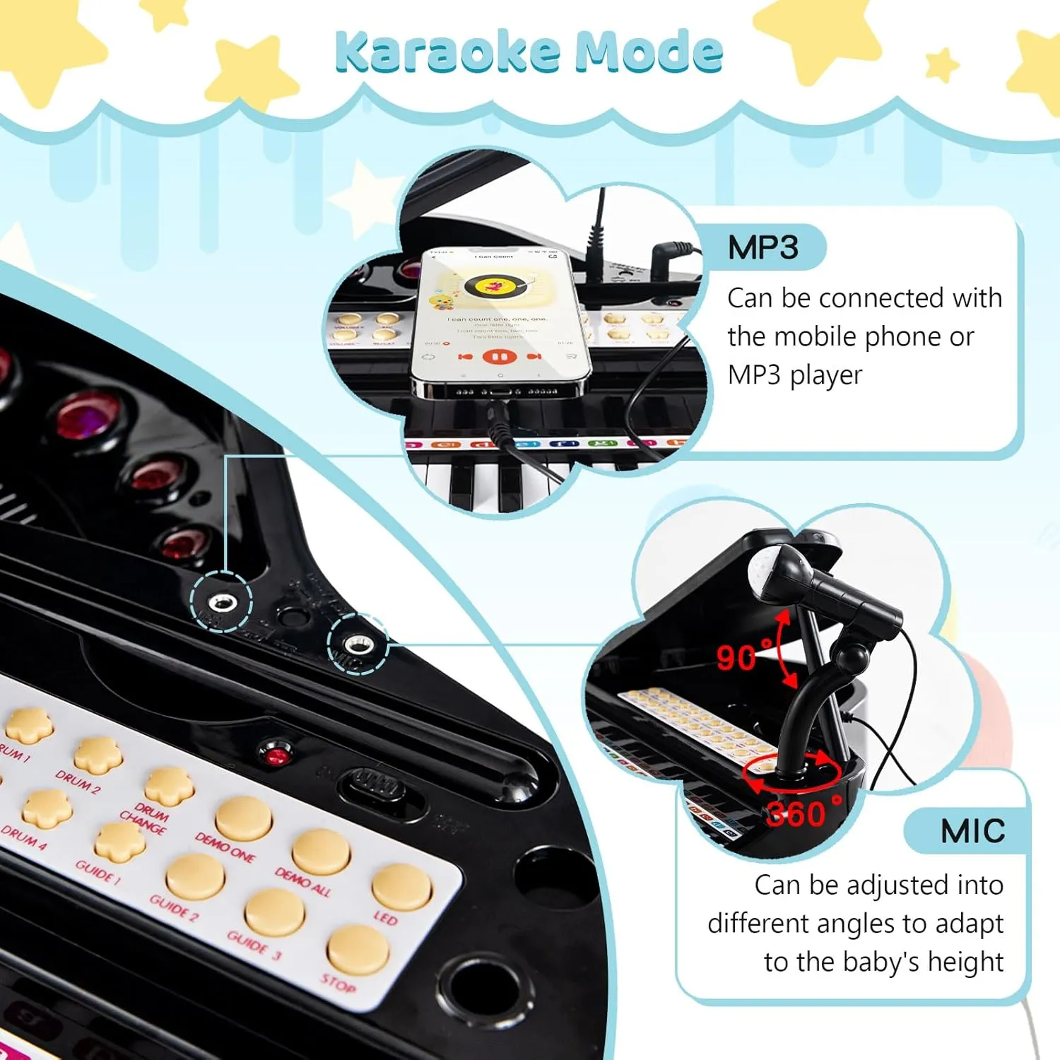 Toddler Boys Girls (Black) Costzon Kids Piano, 31 Key Mini Grand Piano Toy till importer ironic happen Keyboard with Microphone, Stool & Lights, Portable Electronic Piano Educational Musical Instrument Toy, Birthday Gift for 