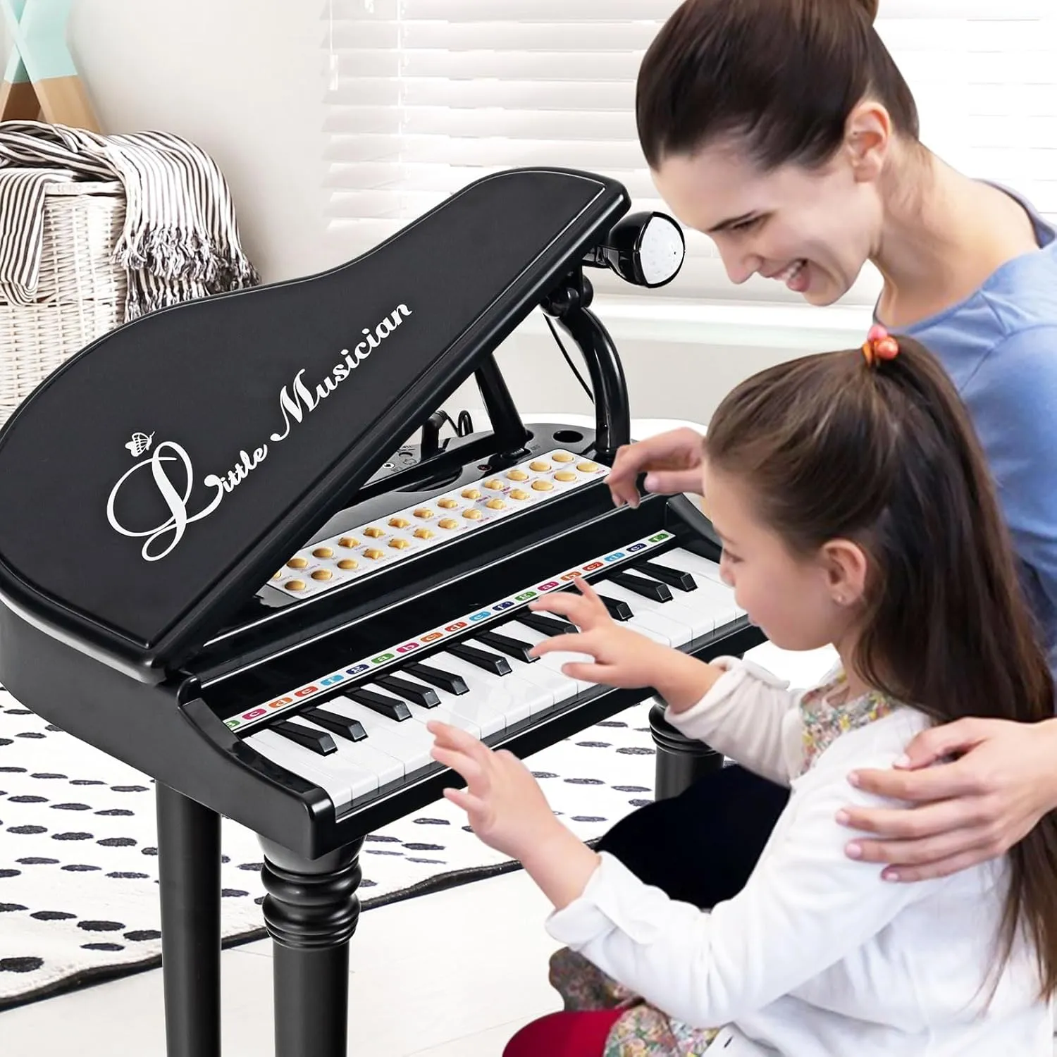 Toddler Boys Girls (Black) Costzon Kids Piano, 31 Key Mini Grand Piano Toy till importer ironic happen Keyboard with Microphone, Stool & Lights, Portable Electronic Piano Educational Musical Instrument Toy, Birthday Gift for 