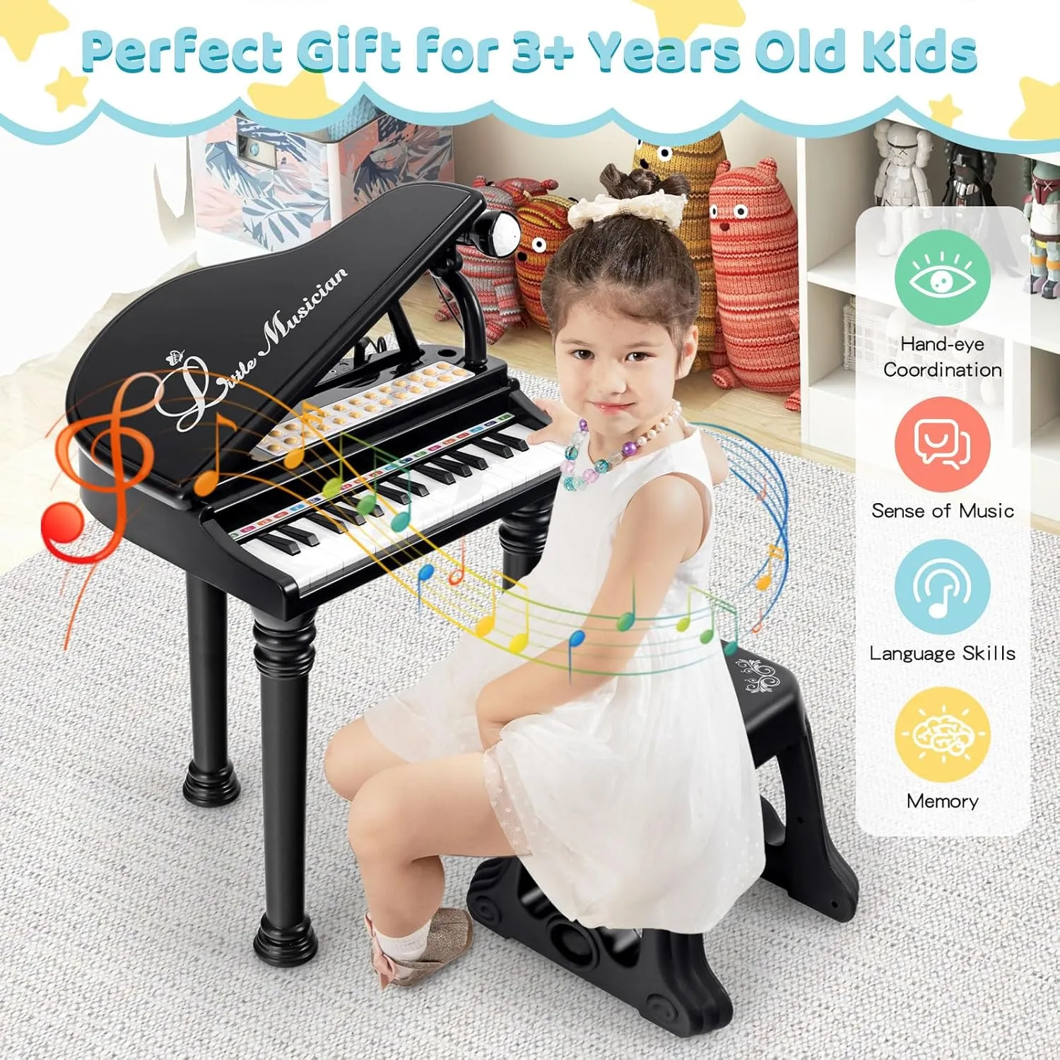 Toddler Boys Girls (Black) Costzon Kids Piano, 31 Key Mini Grand Piano Toy till importer ironic happen Keyboard with Microphone, Stool & Lights, Portable Electronic Piano Educational Musical Instrument Toy, Birthday Gift for 