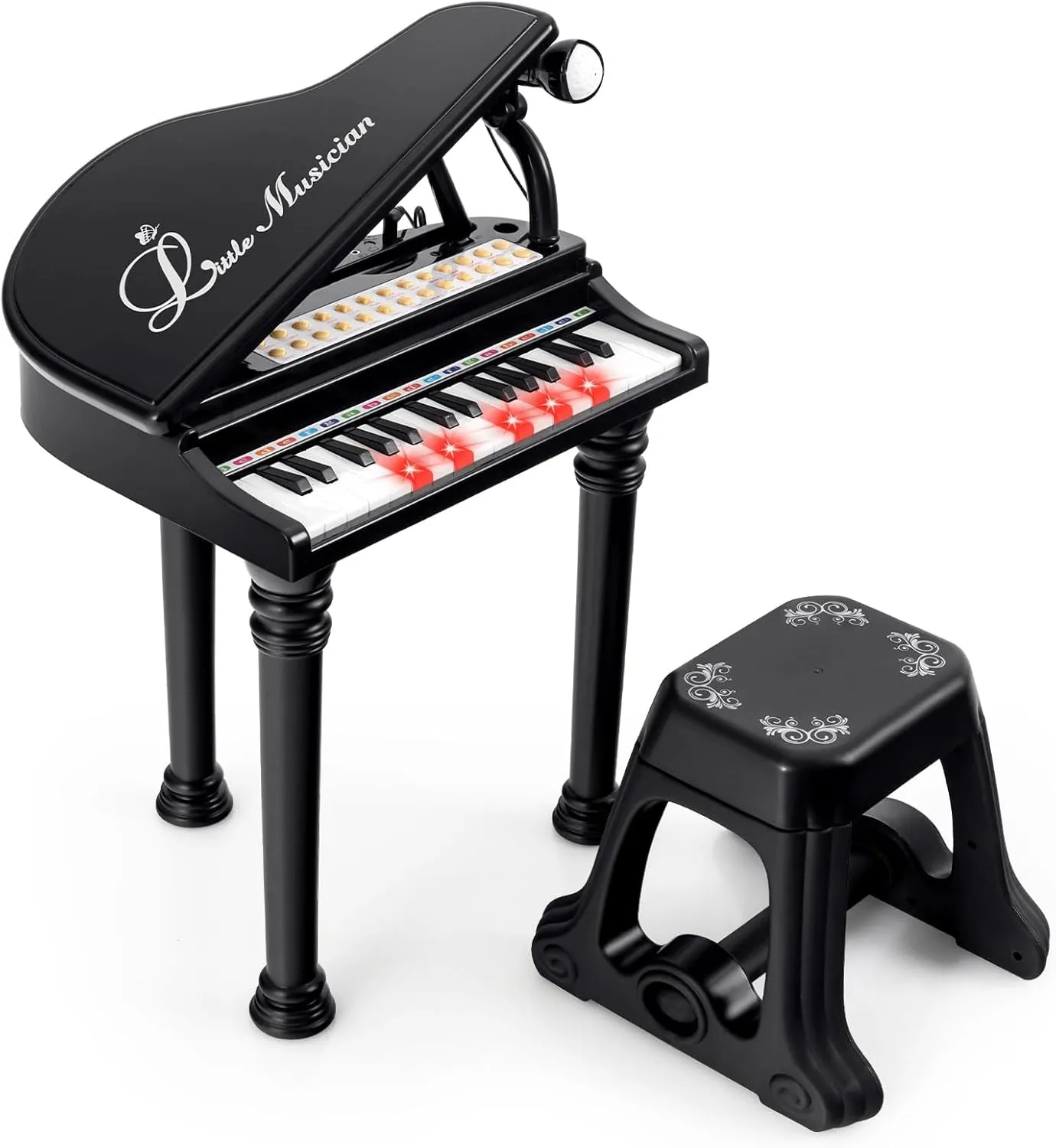 Toddler Boys Girls (Black) Costzon Kids Piano, 31 Key Mini Grand Piano Toy till importer ironic happen Keyboard with Microphone, Stool & Lights, Portable Electronic Piano Educational Musical Instrument Toy, Birthday Gift for 