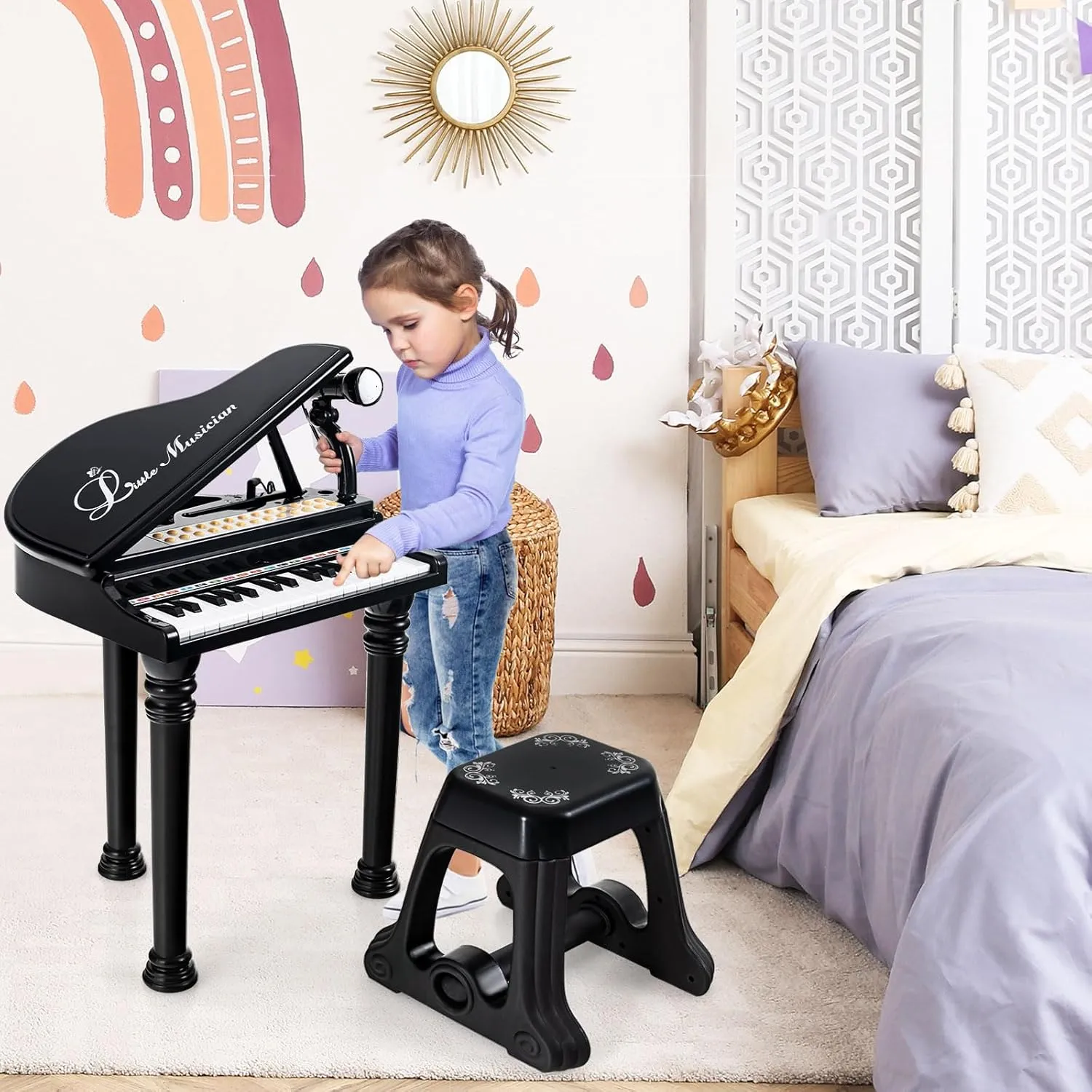 Toddler Boys Girls (Black) Costzon Kids Piano, 31 Key Mini Grand Piano Toy till importer ironic happen Keyboard with Microphone, Stool & Lights, Portable Electronic Piano Educational Musical Instrument Toy, Birthday Gift for 