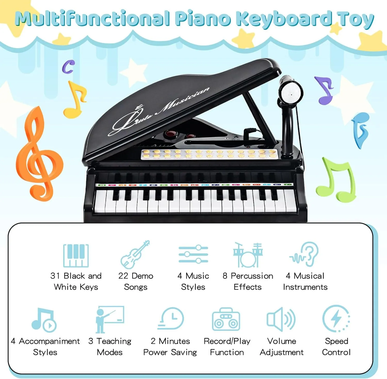Toddler Boys Girls (Black) Costzon Kids Piano, 31 Key Mini Grand Piano Toy till importer ironic happen Keyboard with Microphone, Stool & Lights, Portable Electronic Piano Educational Musical Instrument Toy, Birthday Gift for 
