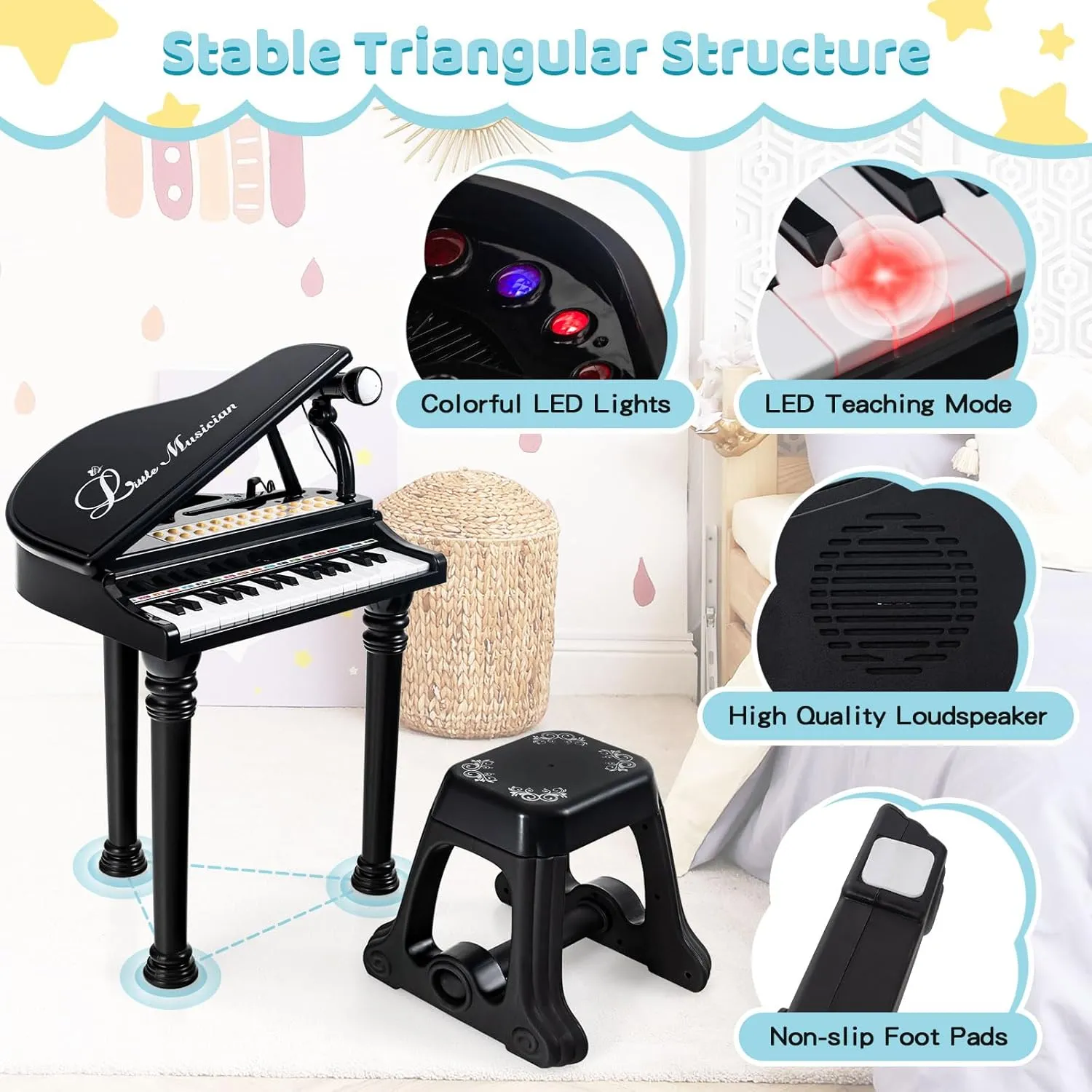 Toddler Boys Girls (Black) Costzon Kids Piano, 31 Key Mini Grand Piano Toy till importer ironic happen Keyboard with Microphone, Stool & Lights, Portable Electronic Piano Educational Musical Instrument Toy, Birthday Gift for 