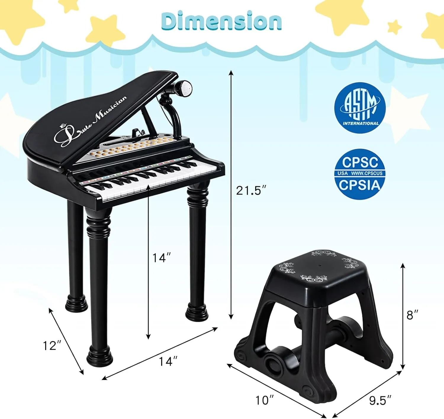 Toddler Boys Girls (Black) Costzon Kids Piano, 31 Key Mini Grand Piano Toy till importer ironic happen Keyboard with Microphone, Stool & Lights, Portable Electronic Piano Educational Musical Instrument Toy, Birthday Gift for 