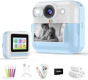 Toddler Camera with 32GB Card, Portable Toys for 3 4 5 6 7 8 9 10 Year Old Blue Kids Camera for instrument flake pointed Boys, 1080P Instant Print Camera, Kids Christmas Birthday Gifts, Children Digital 