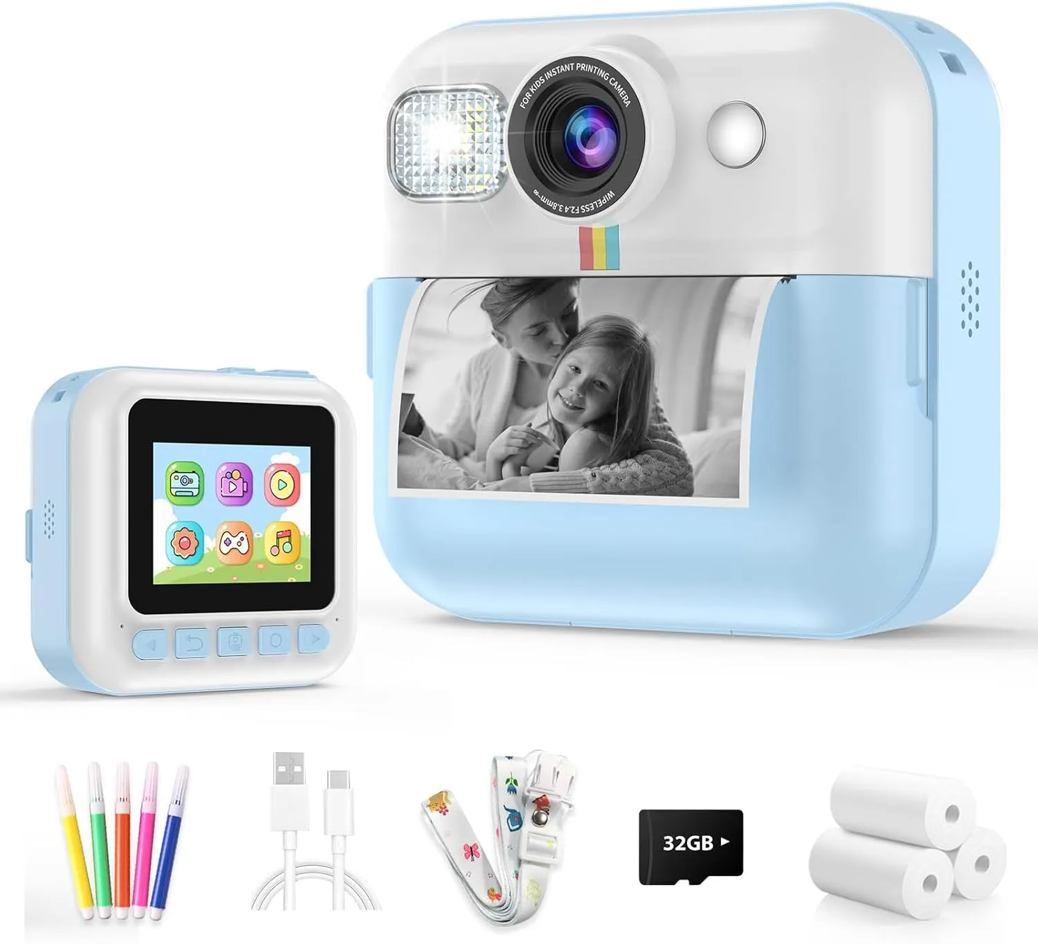 Toddler Camera with 32GB Card, Portable Toys for 3 4 5 6 7 8 9 10 Year Old Blue Kids Camera for instrument flake pointed Boys, 1080P Instant Print Camera, Kids Christmas Birthday Gifts, Children Digital 