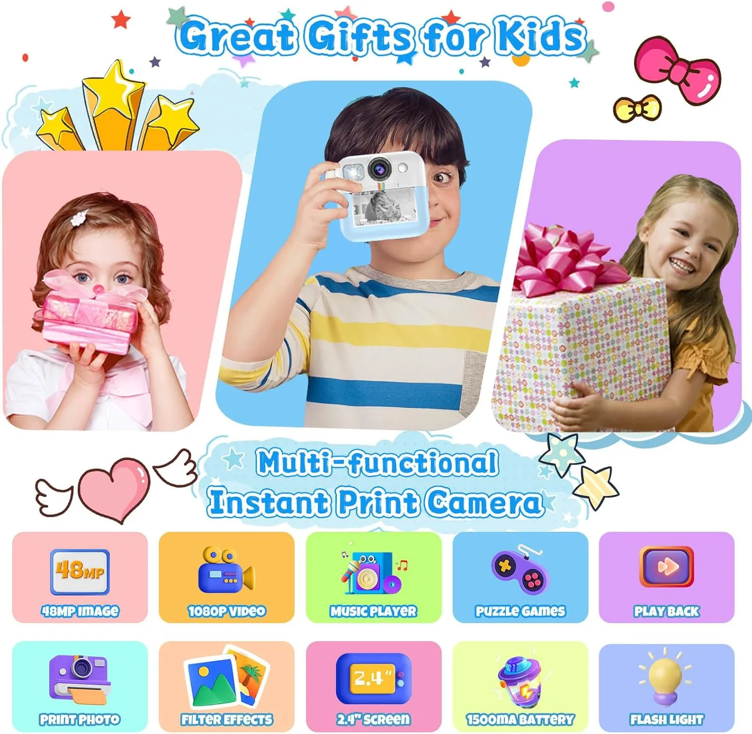 Toddler Camera with 32GB Card, Portable Toys for 3 4 5 6 7 8 9 10 Year Old Blue Kids Camera for instrument flake pointed Boys, 1080P Instant Print Camera, Kids Christmas Birthday Gifts, Children Digital 