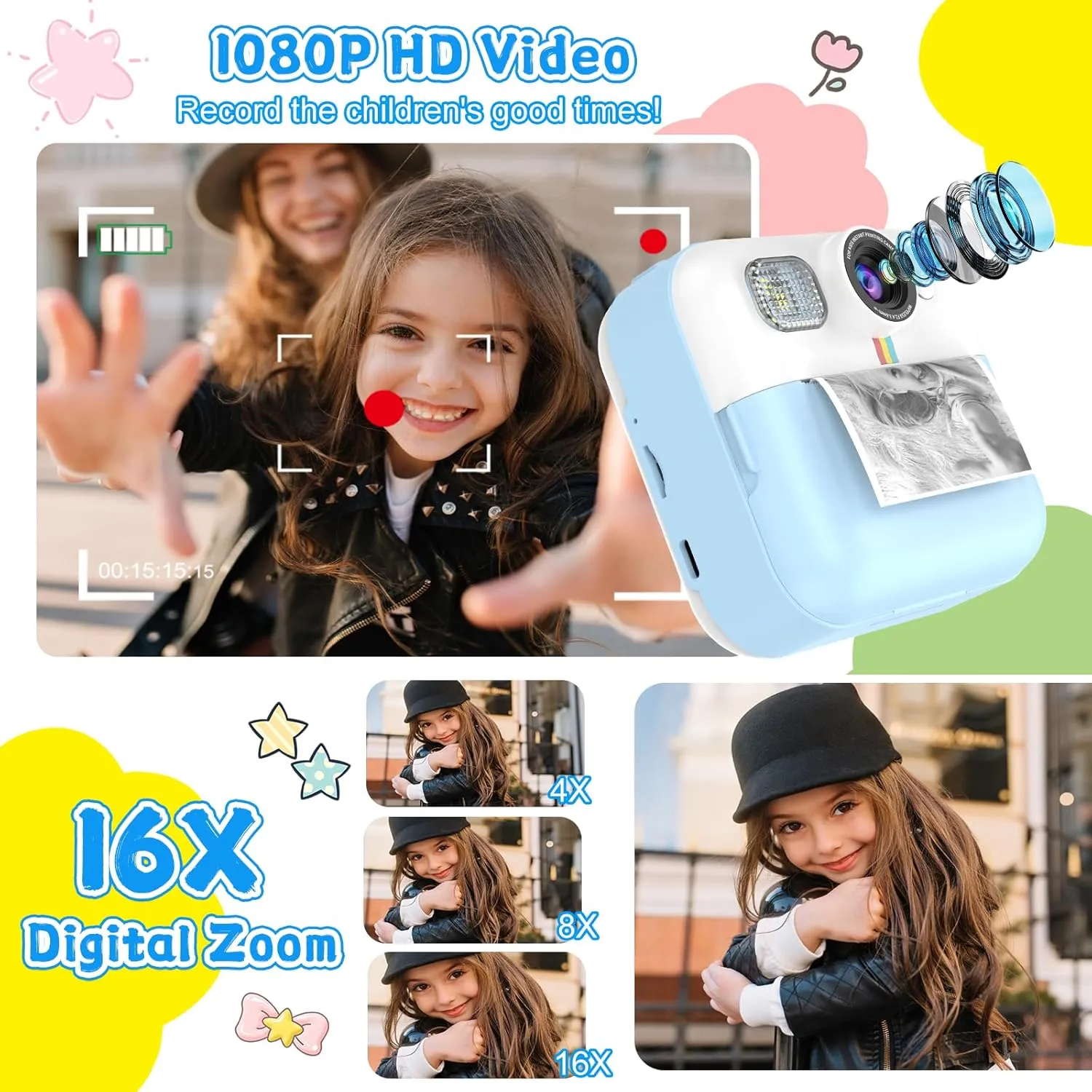 Toddler Camera with 32GB Card, Portable Toys for 3 4 5 6 7 8 9 10 Year Old Blue Kids Camera for instrument flake pointed Boys, 1080P Instant Print Camera, Kids Christmas Birthday Gifts, Children Digital 