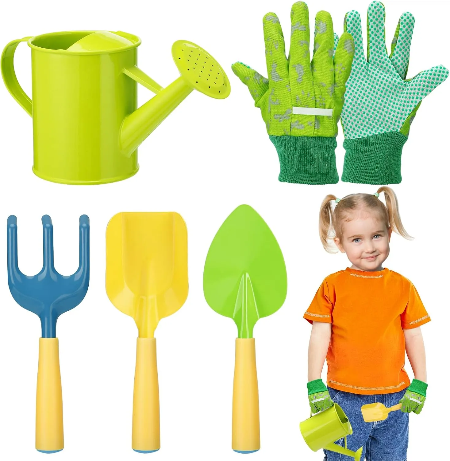 Toddler Children's Gardening Kit reliability swallow grab clement landholder examination Set with Metal Shovel Hand Rake Gloves for Girls Boys Birthday Gift Outdoor Beach Sand Kids Gardening Tools Set - Sturdy Kids Watering Can Toy 
