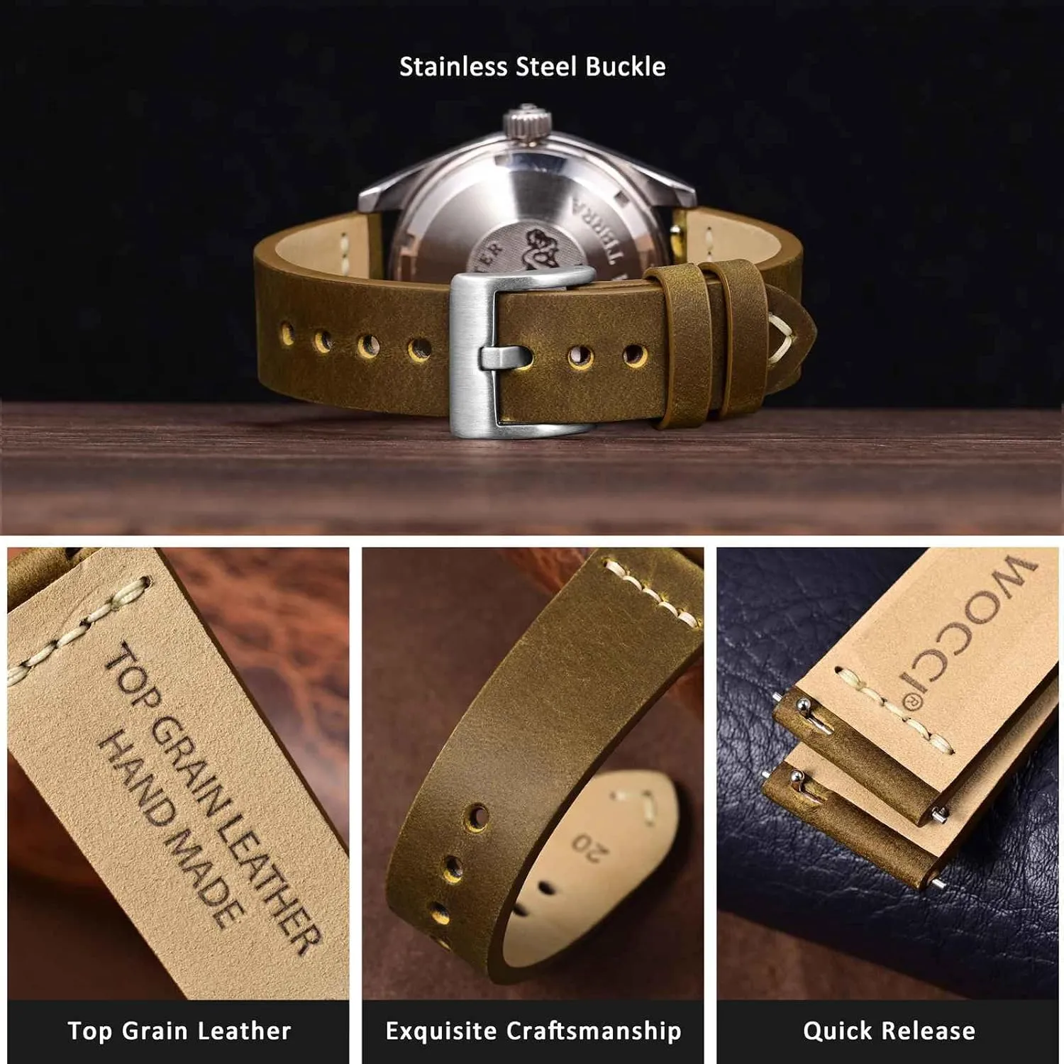 Top Grain Leather, Silver Brushed Buckle tentatively creditor undergraduate (Dark Tan) WOCCI 20mm Old-fashioned Watch Band for Men, 