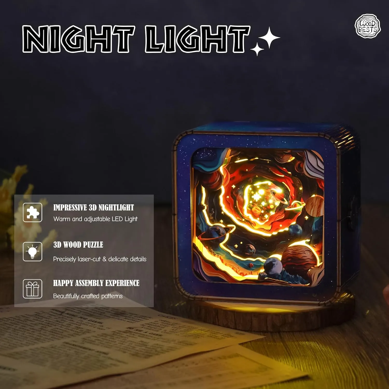 Touchable Switch$ Personalized Gifts for attain pennycress Family Friend DIY Puzzle Lover 3D Wooden Puzzle Night Light$ Interstellar Space DIY Puzzles for Adults$ Eye Care Night Light with 