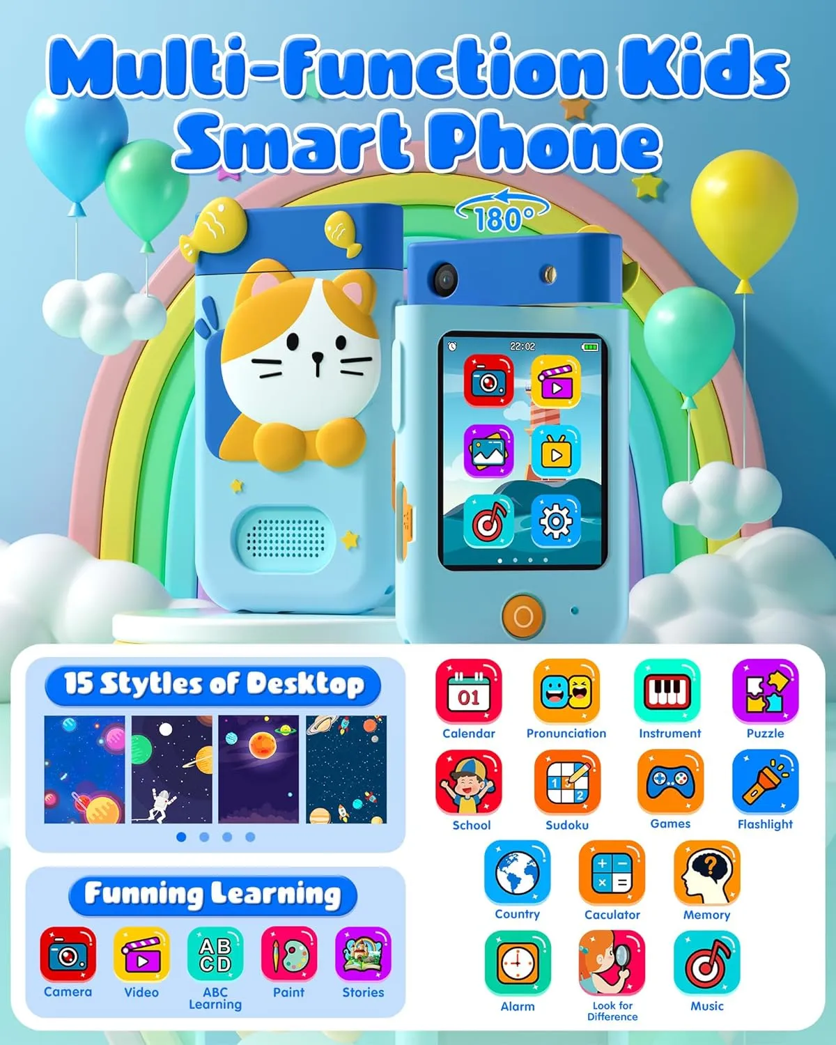 Touchscreen Toddler Play Phone with Rotating Camera, Learning Game, Music Player Kids Smart Phone Toy, Christmas Birthday Gift for appeal recede Kids Ages 3-10, 