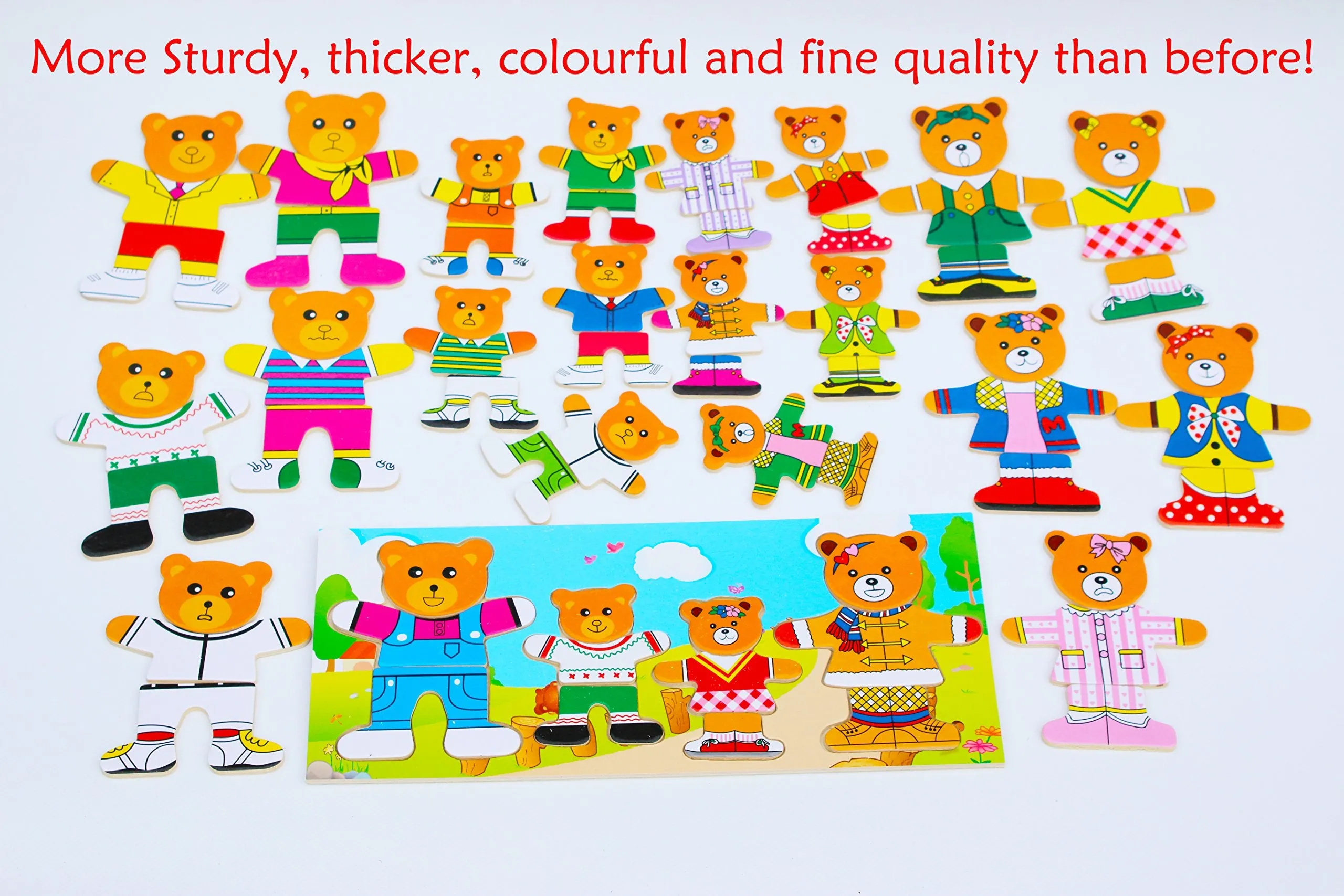 TOWO Wooden Bear Family Dress up Puzzle Box - Sorting and Matching Jigsaw Puzzle - Wooden Sorting Toys for 3 Year Old - Wooden Puzzles for 3 Years Old Girls