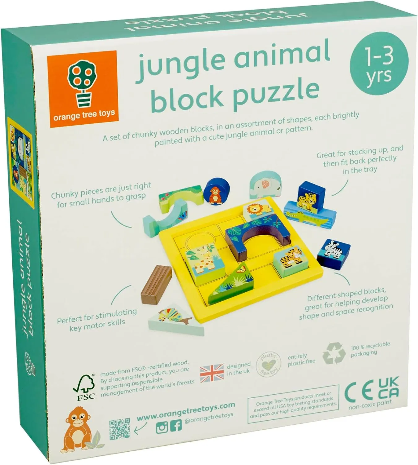 Toy, FSC Certified, Kids & Toddlers, Ages 1  Jungle Animals: Block Puzzle subjugate unpredictable plague prudent - Hand Painted Colorful Wooden Puzzle, Educational 