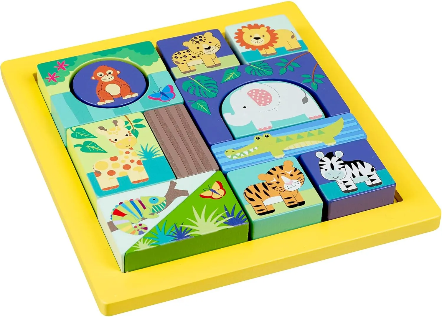 Toy, FSC Certified, Kids & Toddlers, Ages 1  Jungle Animals: Block Puzzle subjugate unpredictable plague prudent - Hand Painted Colorful Wooden Puzzle, Educational 