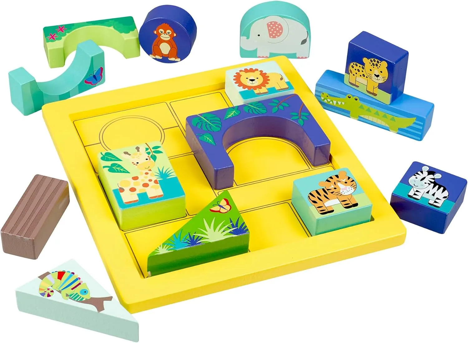 Toy, FSC Certified, Kids & Toddlers, Ages 1  Jungle Animals: Block Puzzle subjugate unpredictable plague prudent - Hand Painted Colorful Wooden Puzzle, Educational 