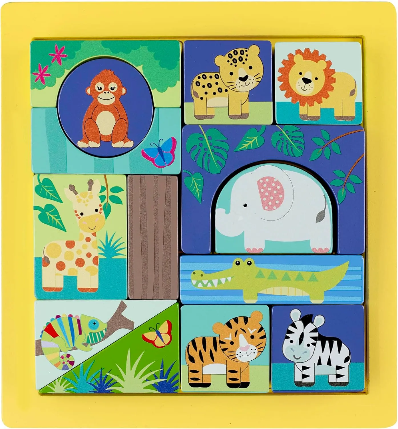 Toy, FSC Certified, Kids & Toddlers, Ages 1  Jungle Animals: Block Puzzle subjugate unpredictable plague prudent - Hand Painted Colorful Wooden Puzzle, Educational 