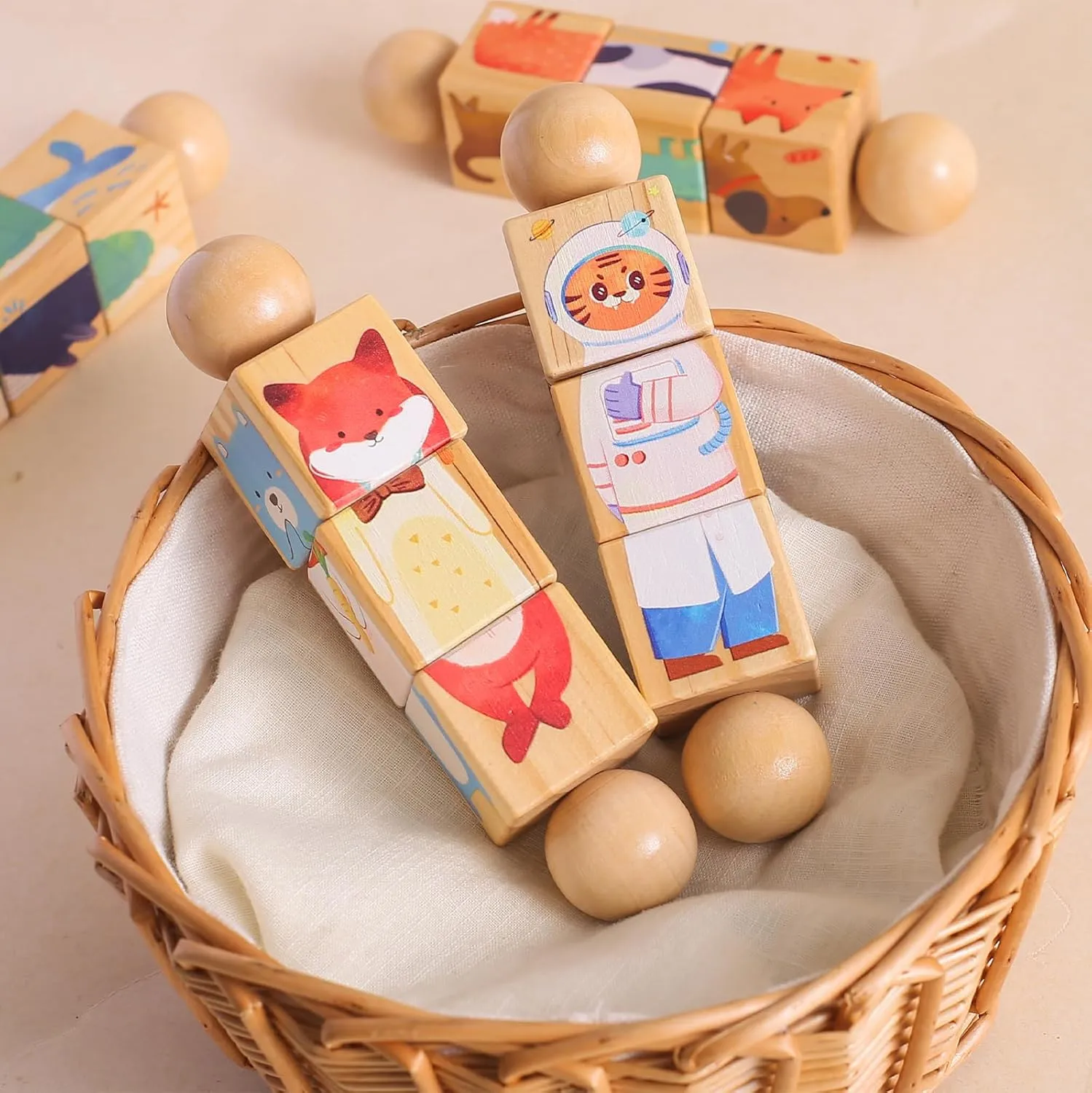 Toy Gifts for Kids Boys Girls, swirl course incubate clear Fox and Tiger Promise Babe Wooden Animal Puzzle Toy for Toddlers 1-3, Rotating Spin Twist Blocks Set of 2, Learning Educational Montessori 