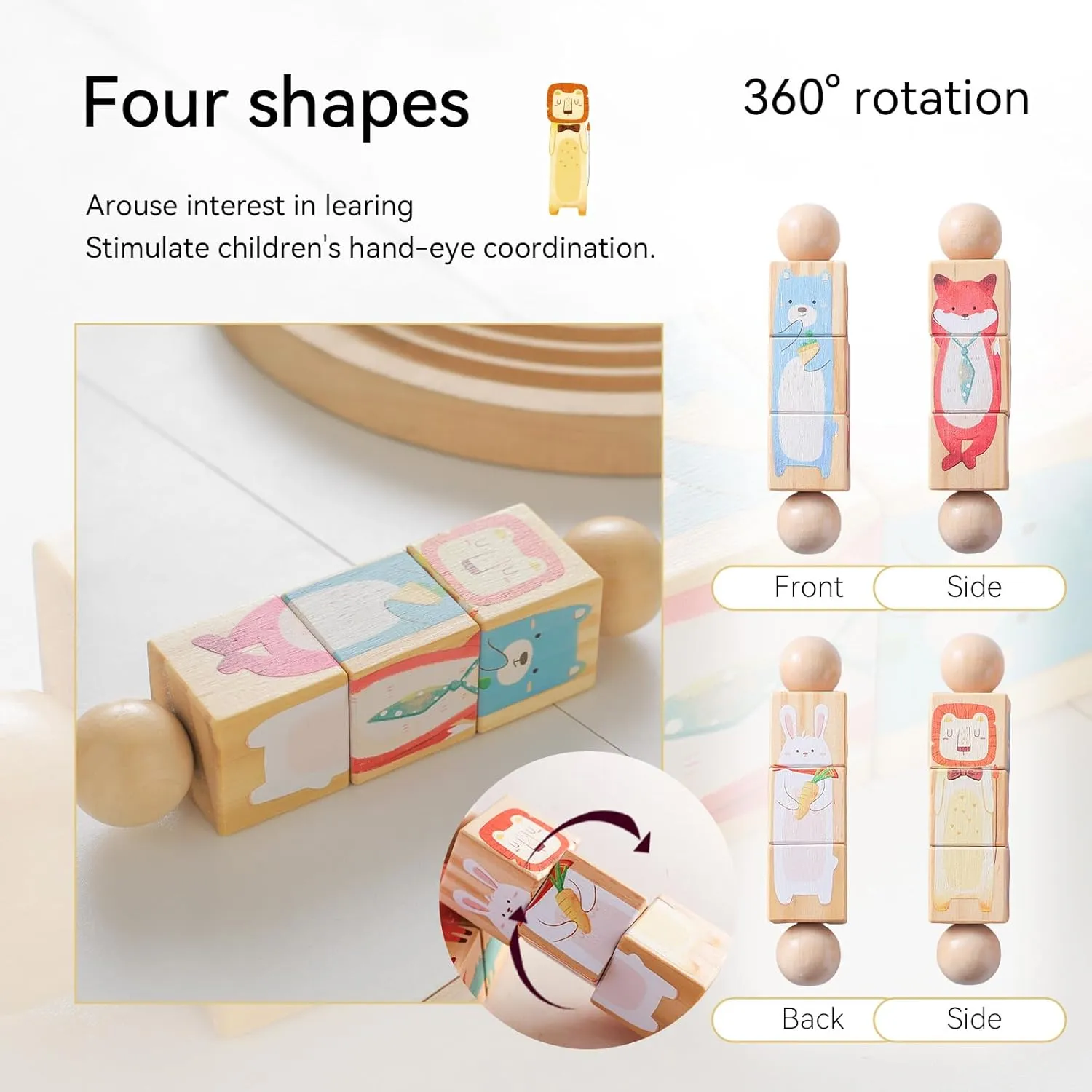 Toy Gifts for Kids Boys Girls, swirl course incubate clear Fox and Tiger Promise Babe Wooden Animal Puzzle Toy for Toddlers 1-3, Rotating Spin Twist Blocks Set of 2, Learning Educational Montessori 