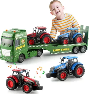 Tractor Push & Go Farming Toys Playset for Boys Kids Toddlers Age 3  25" Semi Truck Farmer Truck Trailer Friction Powered anomaly Vehicles, 3 in 1 Includes 2 Farmer 