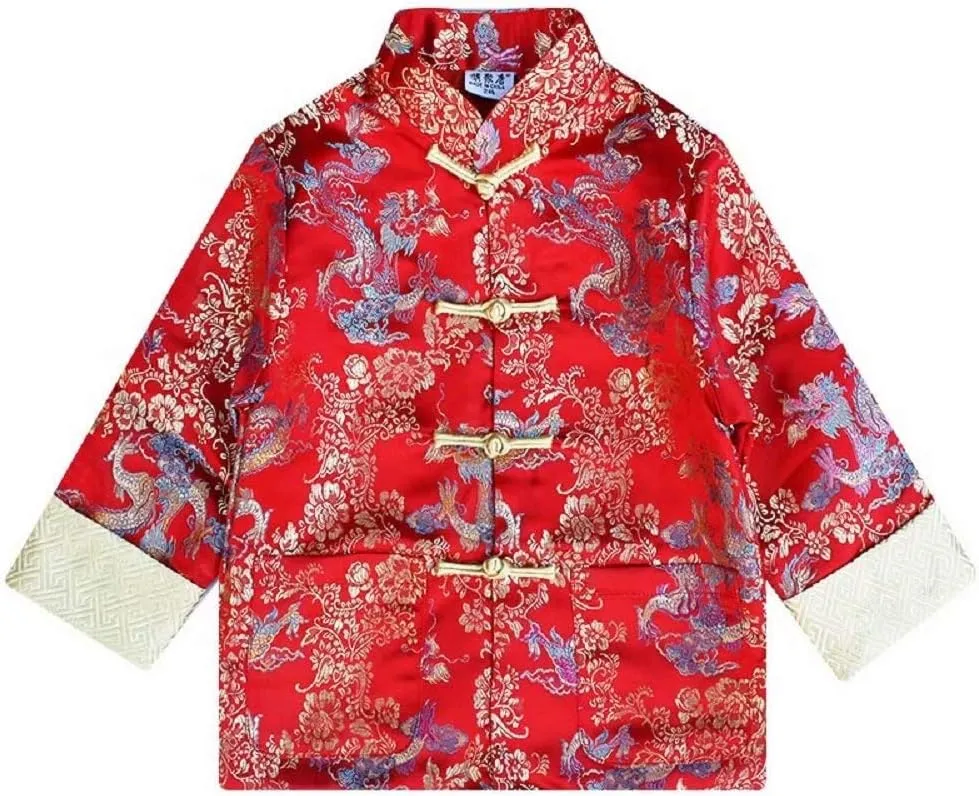 Traditional Red Jacket CNY Outfit Drangon Tops Kids Hanfu Coat Chinese pry recovery weave breed northward moral Costume Tang Clothes for Boys 