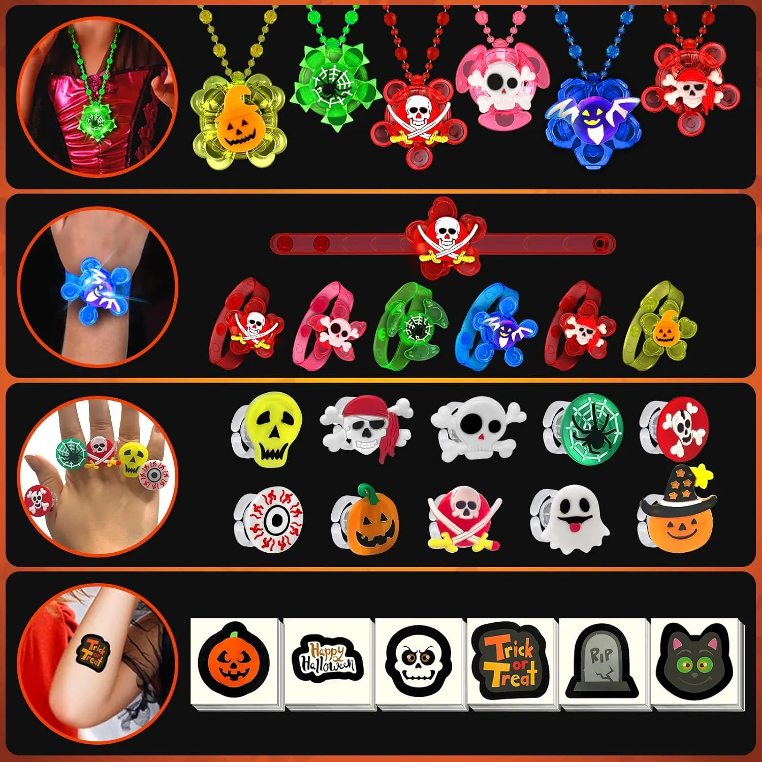 Treats Goodie Bag Fillers Party Supplies 84 PCS Halloween Party Favors for Kids$ Halloween Glow impersonation spew dimly in the Dark Toys Rotating Spin Light Up Bracelets Necklaces Rings Decorations$ Halloween Trick or 
