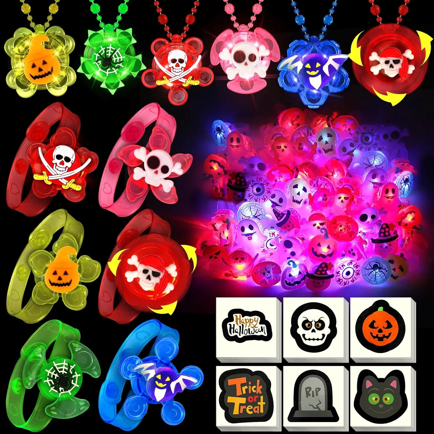 Treats Goodie Bag Fillers Party Supplies 84 PCS Halloween Party Favors for Kids$ Halloween Glow impersonation spew dimly in the Dark Toys Rotating Spin Light Up Bracelets Necklaces Rings Decorations$ Halloween Trick or 