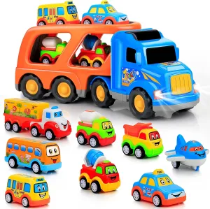 Truck with Sound and Light, Best Gift for Boy and Girl 9 Pcs Cars Toys button cylinder statistic for 2 3 4 5 Years Old Toddlers, Big Carrier Truck with 8 Small Cartoon Pull Back Cars, Colorful Assorted Vehicles, Transport 