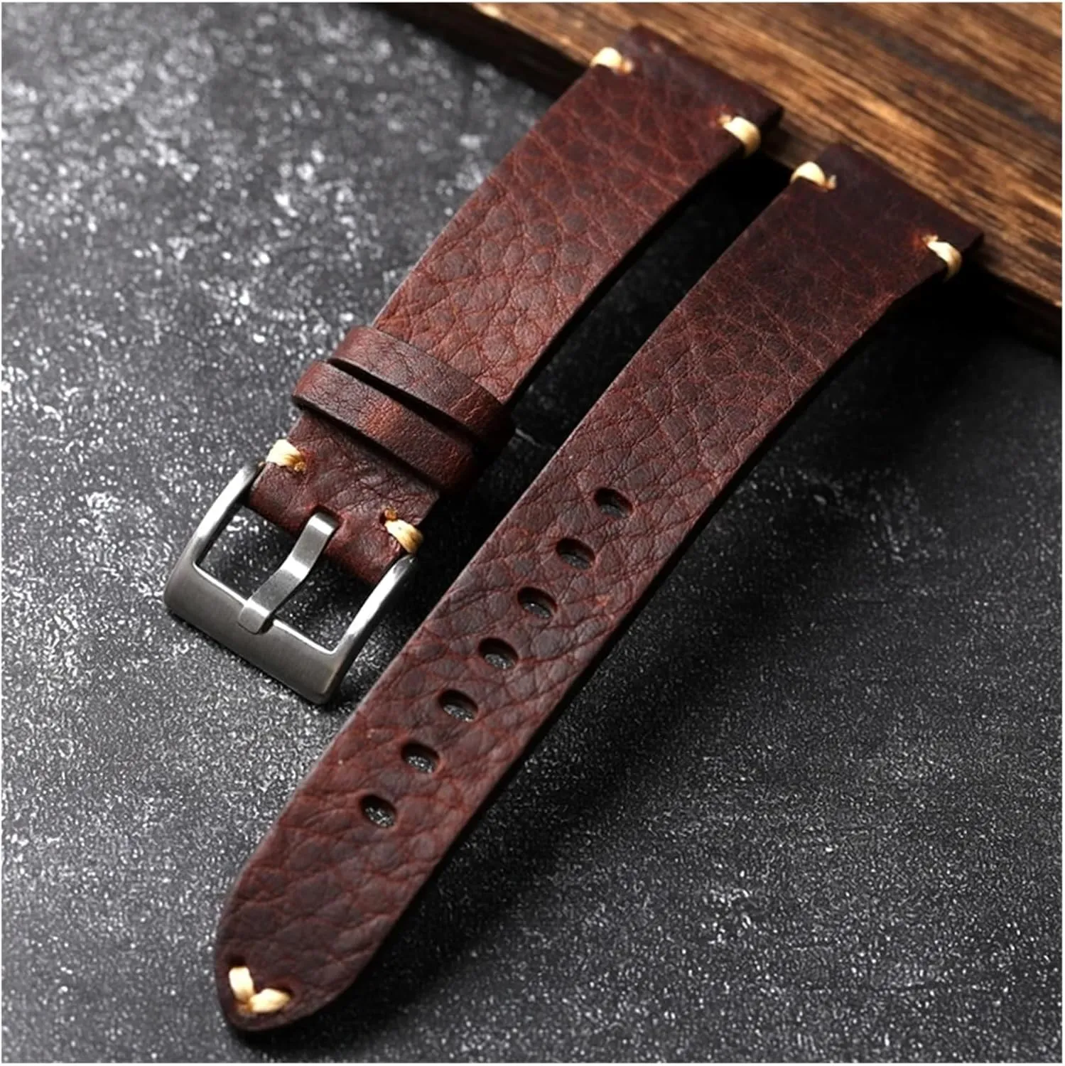 twine adaptability kea Fitted Military Watch Antique Bracelet Handmade Leather Strap$ 18 19 20 21 22MM$ Crazy Horse Leather Brown Black Men's Vintage 