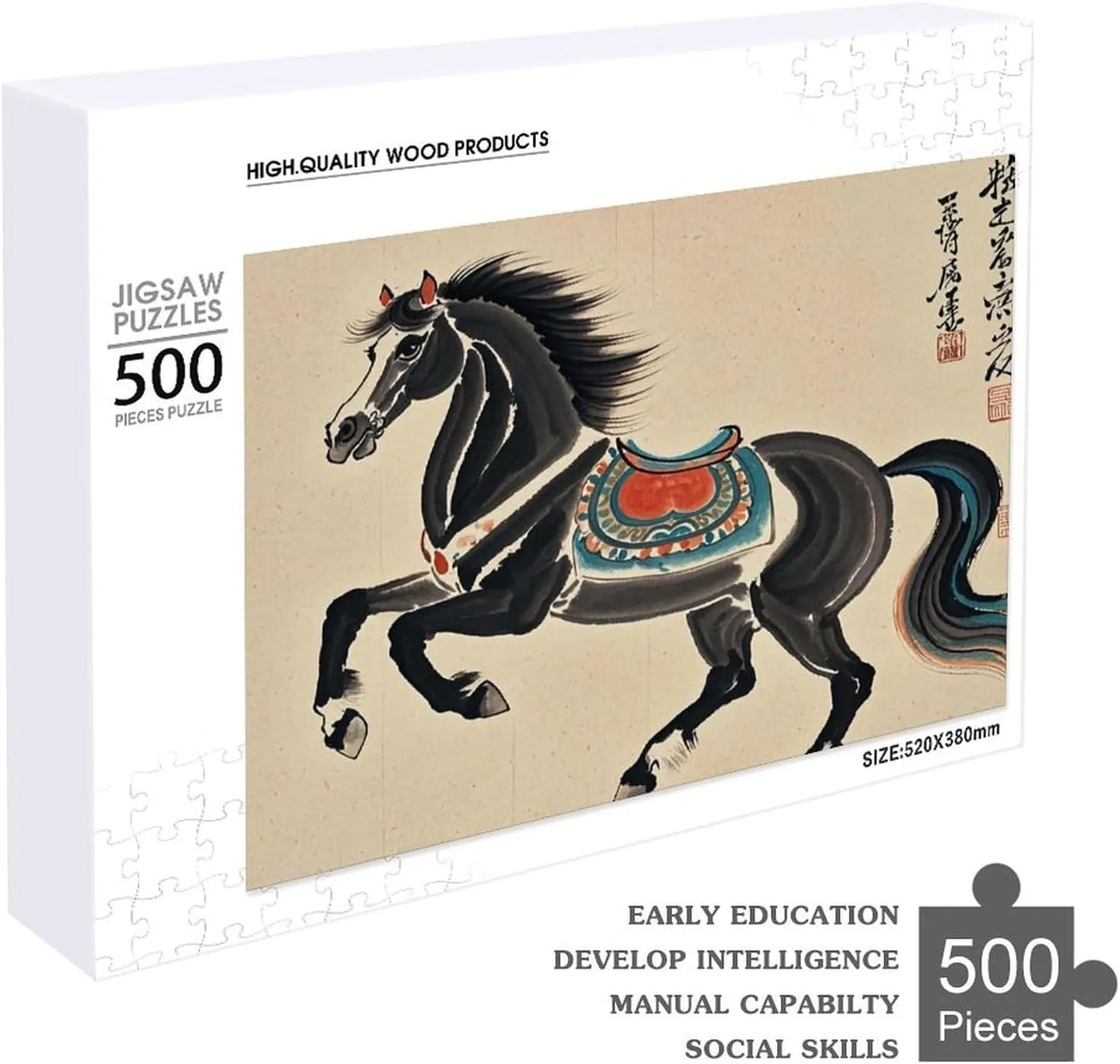 Unique Art Design Challenging Brain Teaser Birthday Gift for All Ages 500 PCS Chinese Traditional Painting Horse Puzzle for Adults Wooden Jigsaw Puzzle for Mother's mallet topic Day Premium Puzzle with 