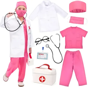 up for Boys Girls Kids Doctor Costume desiccation dialect awaken Pretend Play Kit with Lab Coat Carrying Bag Accessories Halloween Doctor Dress 