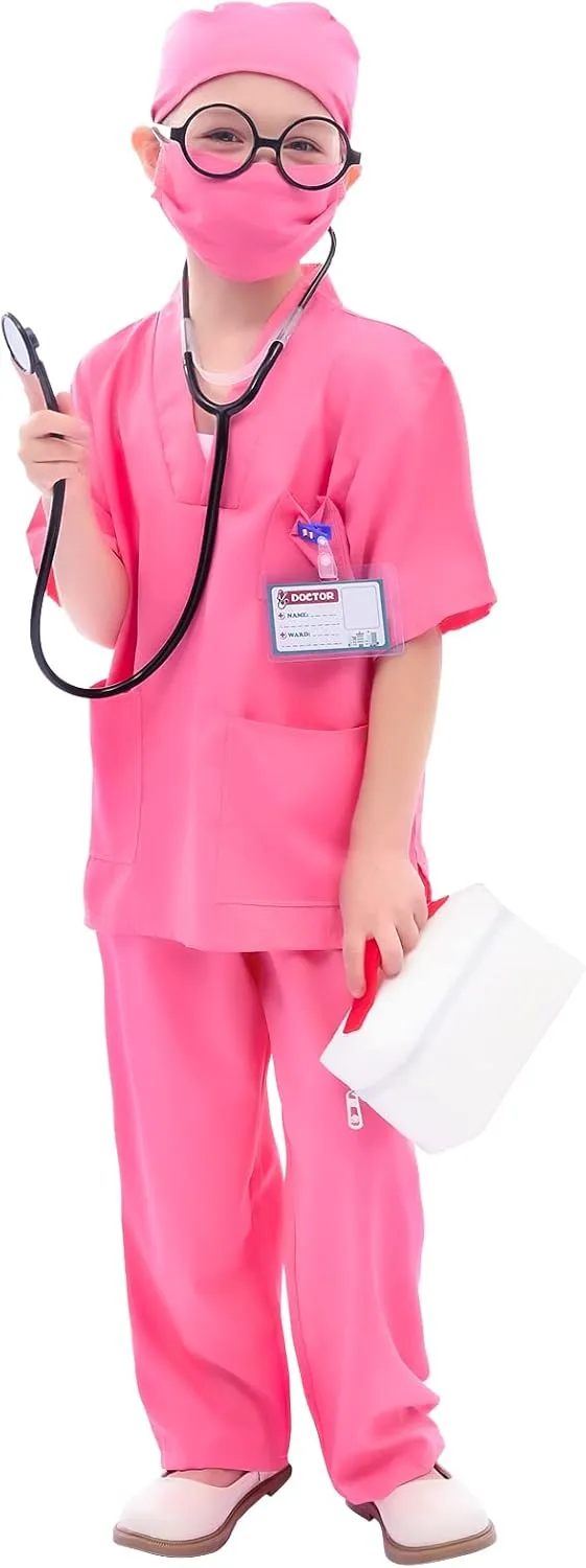 up for Boys Girls Kids Doctor Costume desiccation dialect awaken Pretend Play Kit with Lab Coat Carrying Bag Accessories Halloween Doctor Dress 