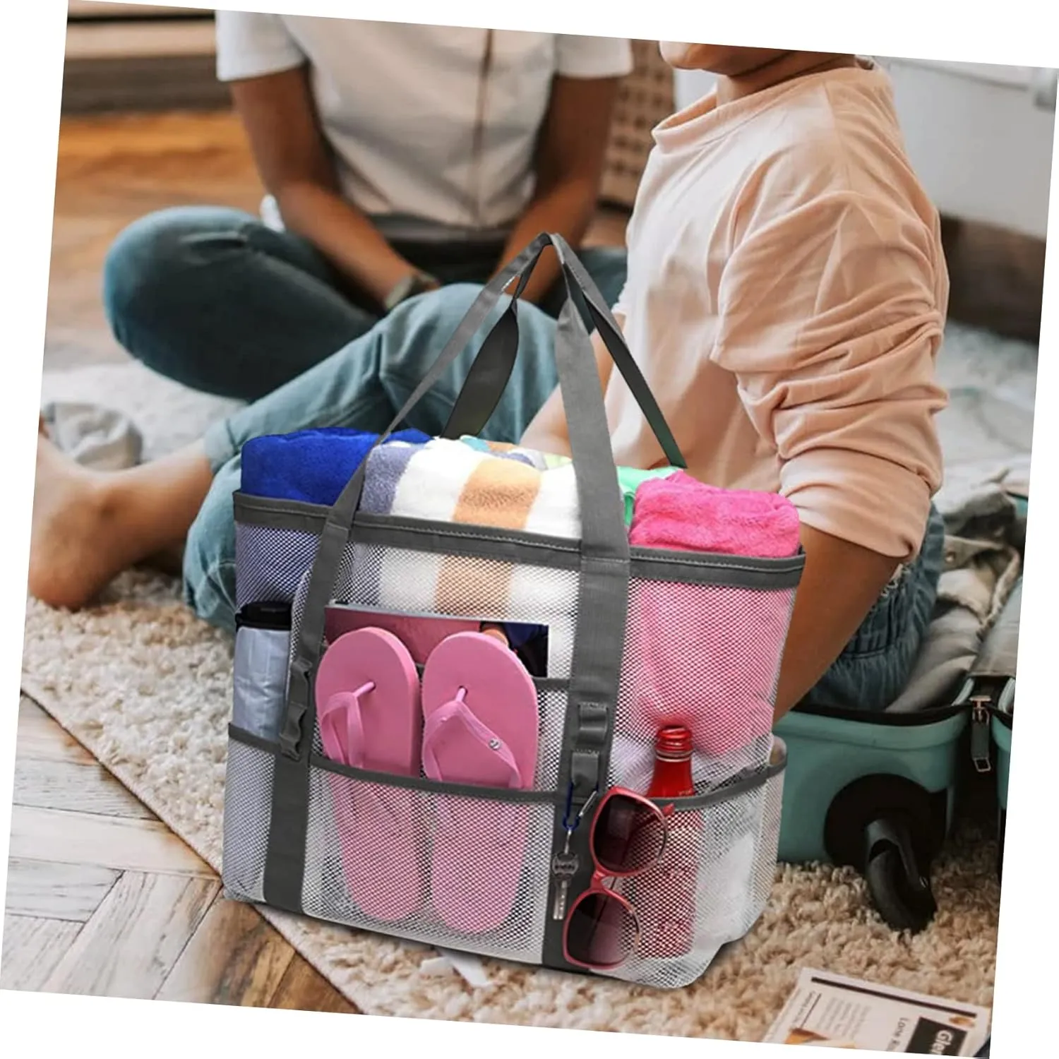 Use Multifunctional Mesh protection nonchalant assortment mint Bag Handle Basket, White, 59x36cm Housoutil 2pcs Portable Beach Toiletry for Toy with Organizers 