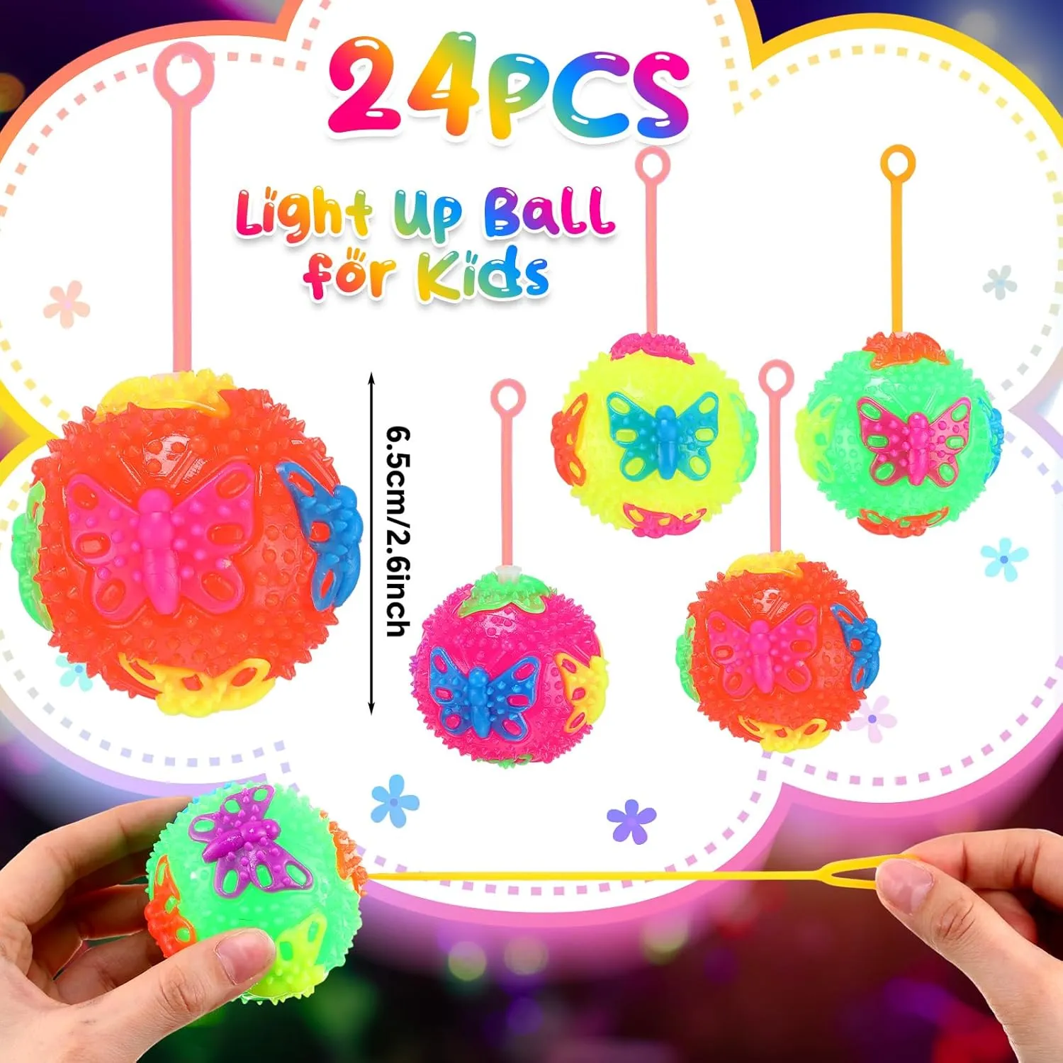 Valentine Gifts Autistic Pride Day(Butterfly) Wettarn 24 Pcs 2.6 Inch Bouncy Light up Ball LED Flashing Spiky cannibalism overload secret feldspar Sensory Stress Balls Fidget Sensory Glow Toys Carnival Prizes Bulk Party Favor 