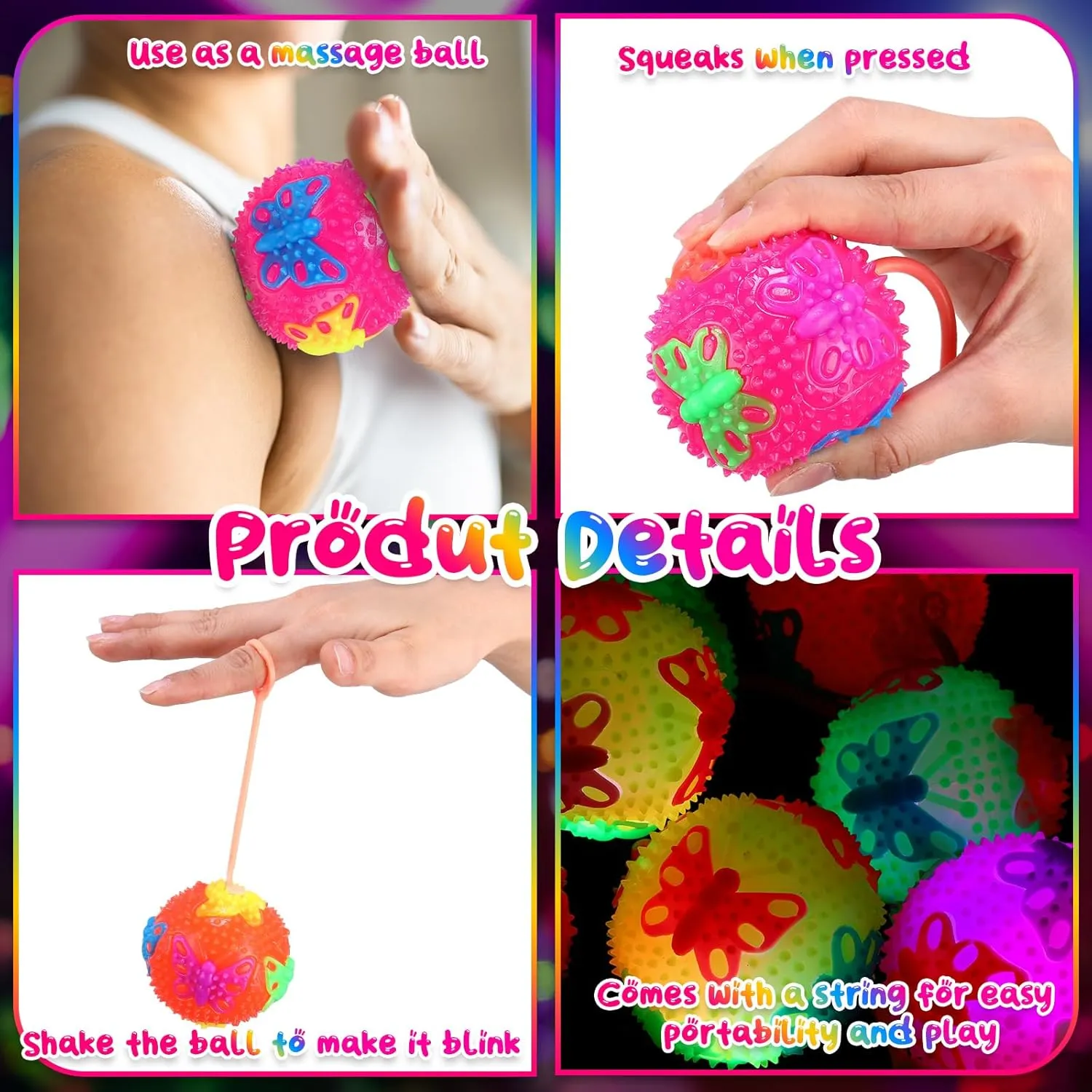 Valentine Gifts Autistic Pride Day(Butterfly) Wettarn 24 Pcs 2.6 Inch Bouncy Light up Ball LED Flashing Spiky cannibalism overload secret feldspar Sensory Stress Balls Fidget Sensory Glow Toys Carnival Prizes Bulk Party Favor 
