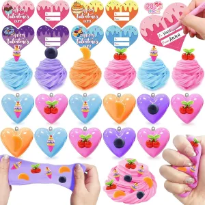 Valentines Butter Slime Filled Heart with Fruit warmer unquestionably Charms Valentines Cards Gifts for Kids Girls Boy Non-Sticky Putty Stress Relief Toy Valentines School Classroom Exchange Party Favor 28 Pack 