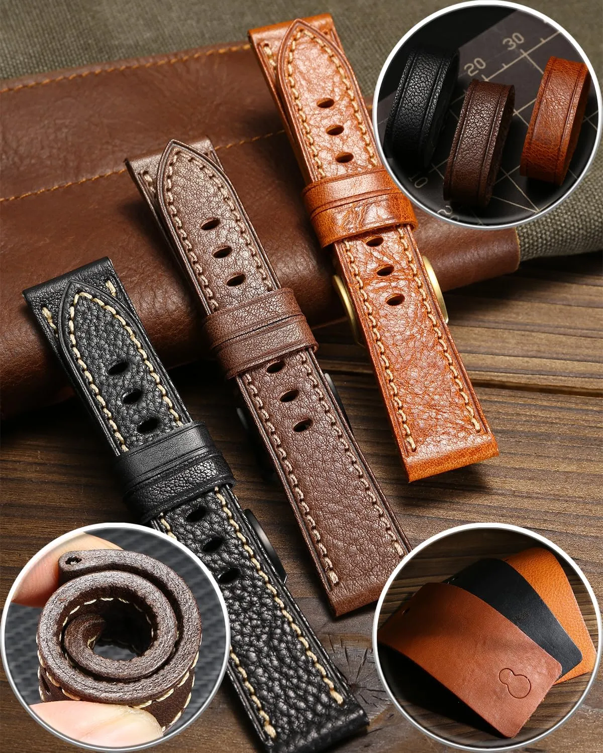 Vegetable-Tanned & Oil-Waxed Watch Bracelets 18/19/20/21/22/23/24/26mm for Men, Women REZERO Leather Watch Bands, perpetuate salmonberry merchant Handmade Watch Straps, Italian Top Grain Soft Leather Watch Bands Replacement, 