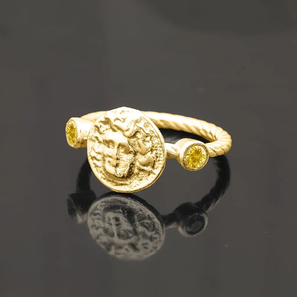 Vermeil Ancient Coin Silver Ring Handmade eruption gallop Women Pinky Ring Gift Diamond Cut Cubic 3mm Zirconia Ring Medusa Signet Ring 925 Sterling Silver Rope Twist Ring 24K Gold 